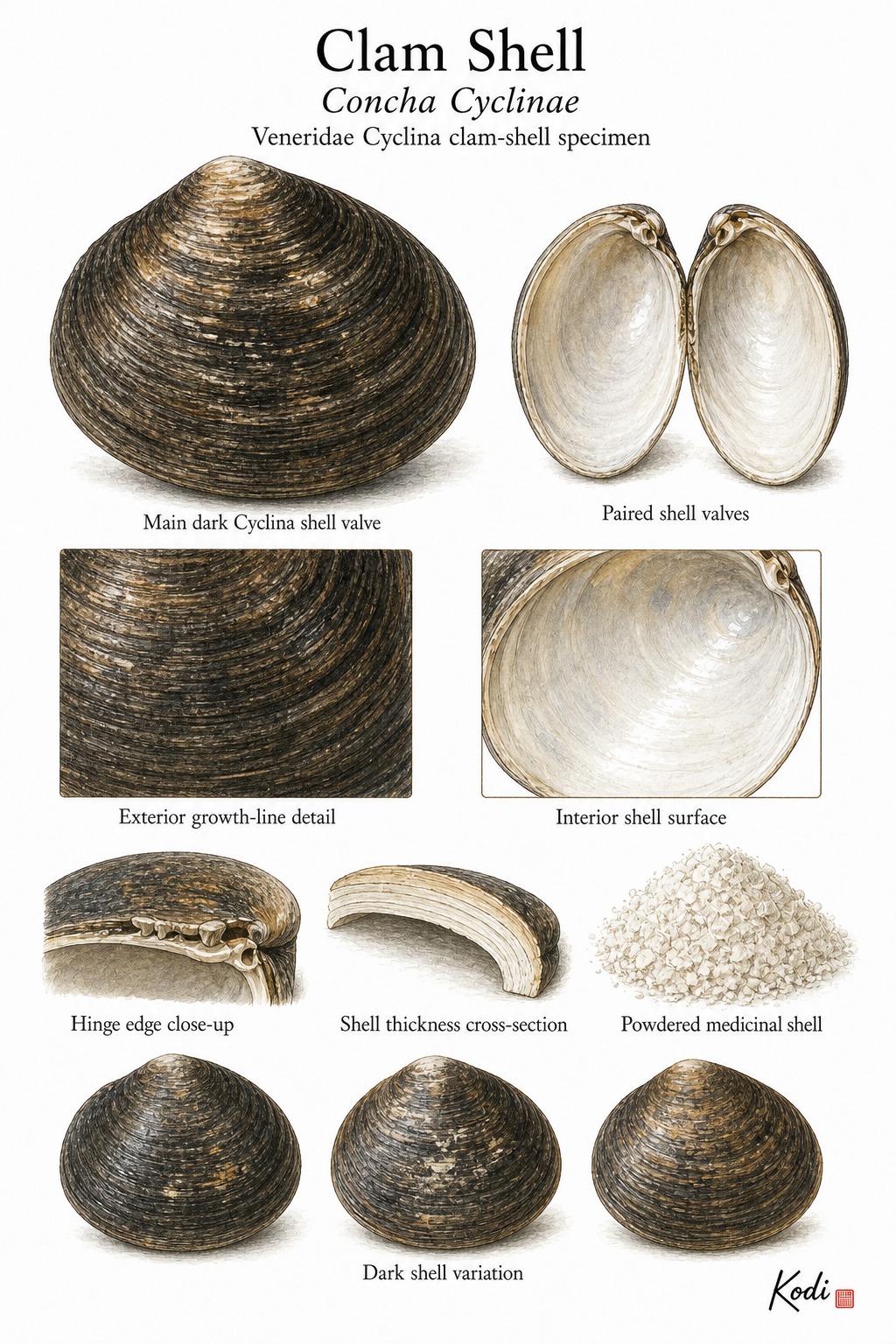 Scientific specimen plate of Clam Shell, Concha Cyclinae, showing dark Cyclina shell valves, inner surface, hinge, medicinal shell powder, and diagnostic shell details.