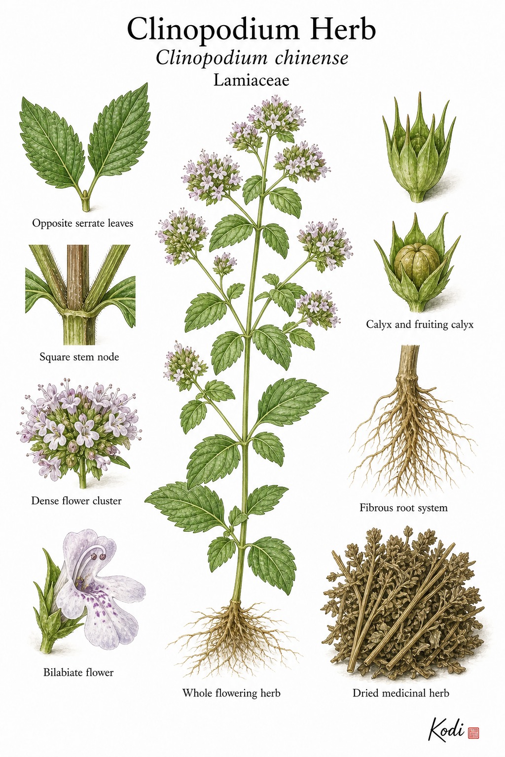 Botanical illustration of Clinopodium Herb, Clinopodium chinense, showing flowering habit, opposite leaves, clustered flowers, root, dried herb, and diagnostic plant details.