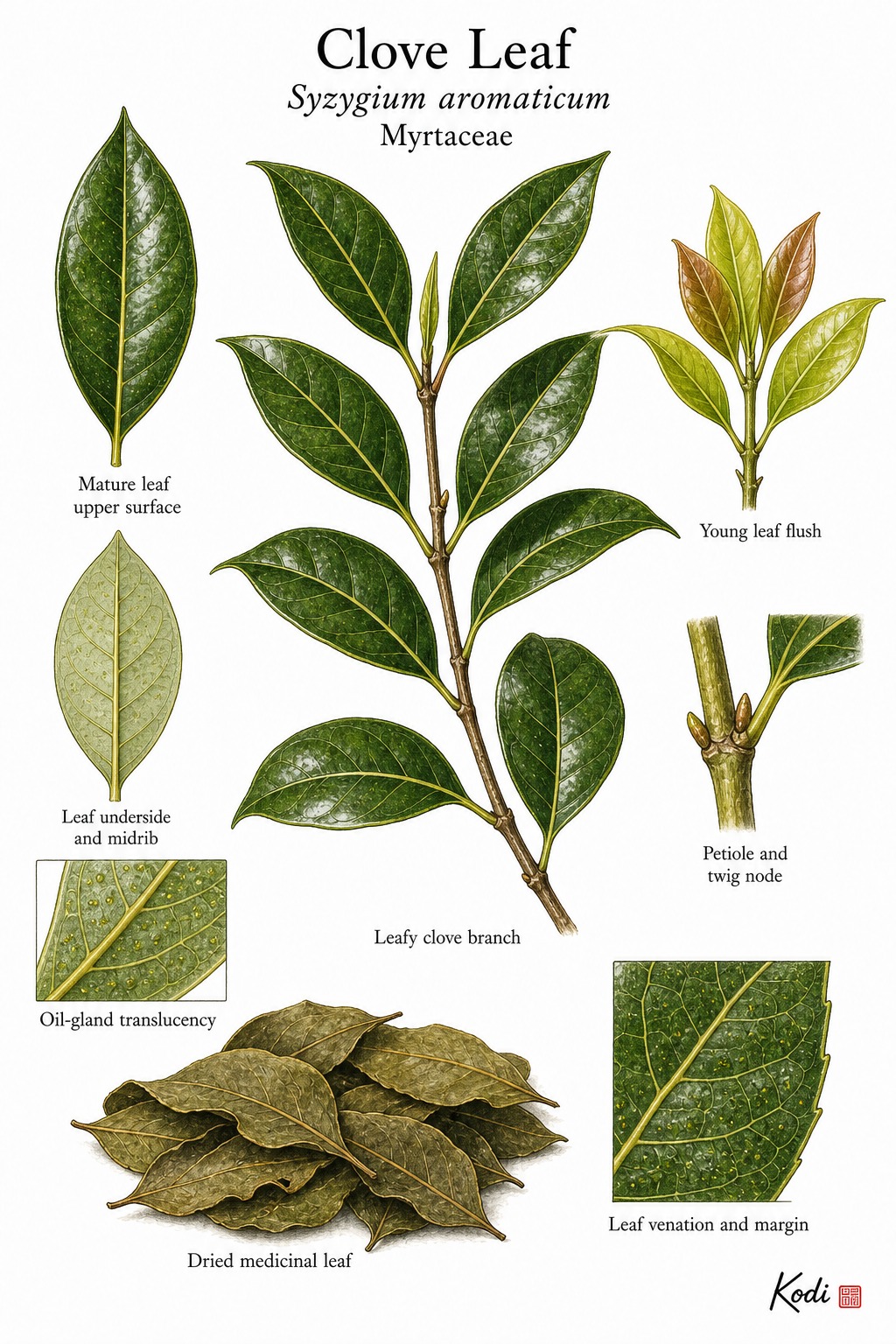 Botanical illustration of Clove Leaf, Syzygium aromaticum, showing leafy branch, leaf surfaces, oil-gland details, dried leaf material, and diagnostic plant details.