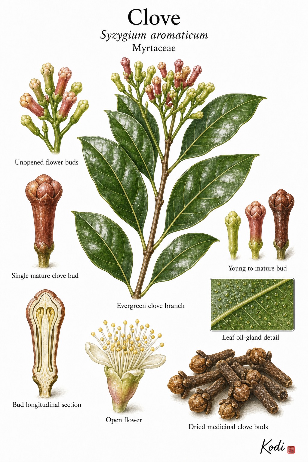 Botanical illustration of Clove, Syzygium aromaticum, showing leafy branch, flower buds, open flower, dried clove buds, and diagnostic plant details.