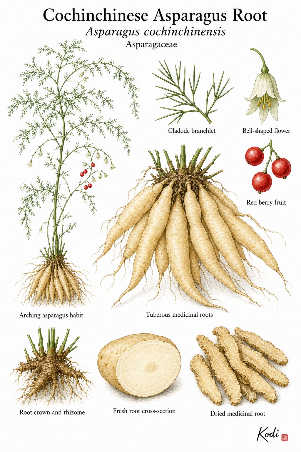 Botanical illustration of Cochinchinese Asparagus Root, Asparagus cochinchinensis, showing asparagus habit, cladodes, flowers, berries, tuberous medicinal roots, and diagnostic plant details.