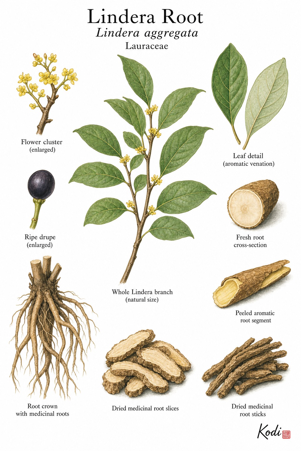 Botanical illustration of Lindera Root, Lindera aggregata, showing branch habit, leaves, flowers, fruit, medicinal roots, and diagnostic plant details.