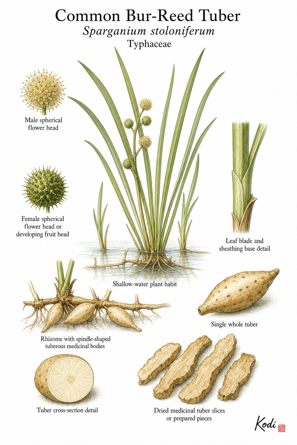 Botanical illustration of Common Bur-Reed Tuber, Sparganium stoloniferum, showing marsh habit, spherical flower heads, rhizome tubers, dried medicinal pieces, and diagnostic plant details.