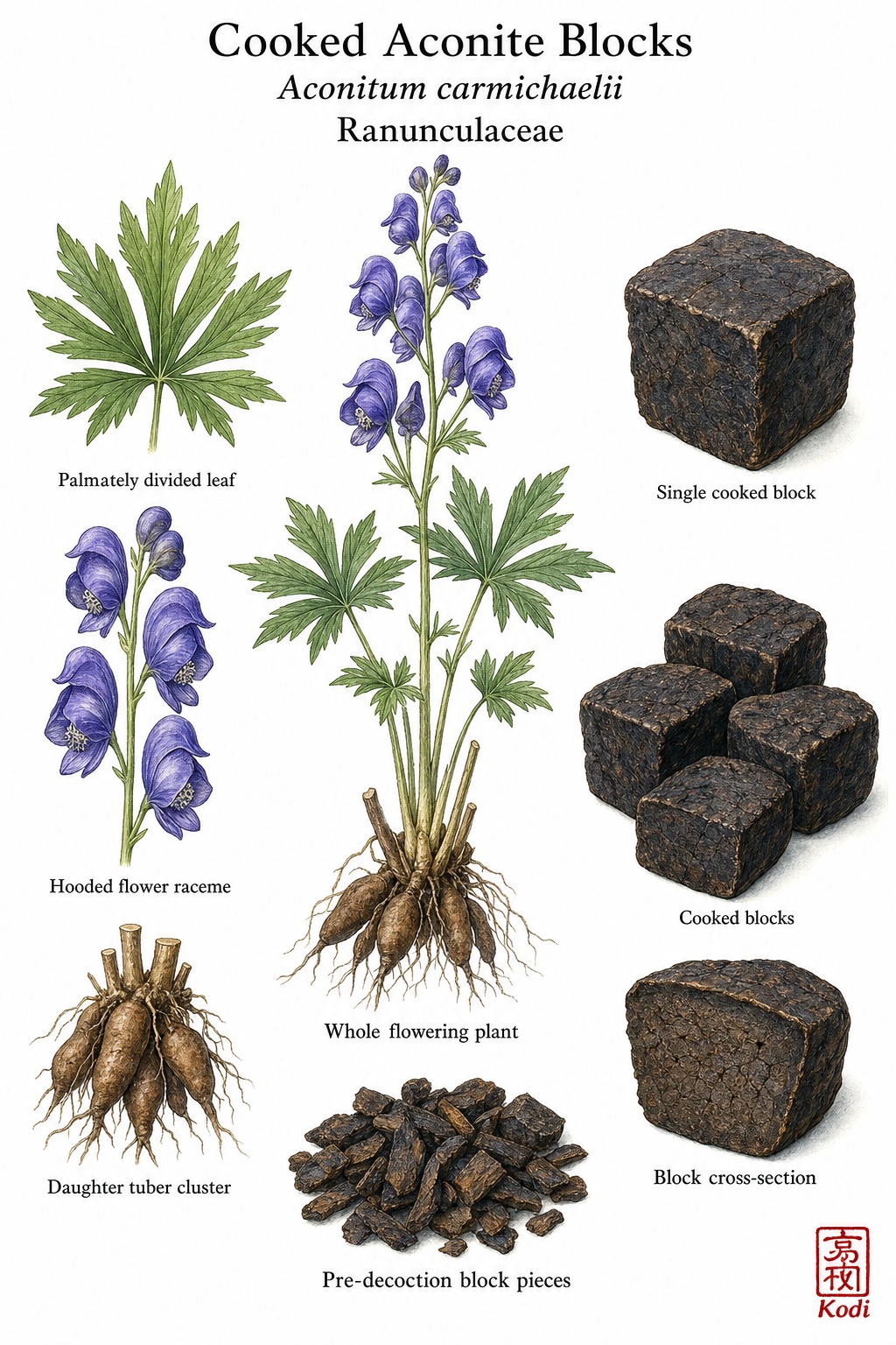 Botanical illustration of Cooked Aconite Blocks, Aconitum carmichaelii, showing source plant, daughter roots, cooked block forms, and diagnostic plant details.