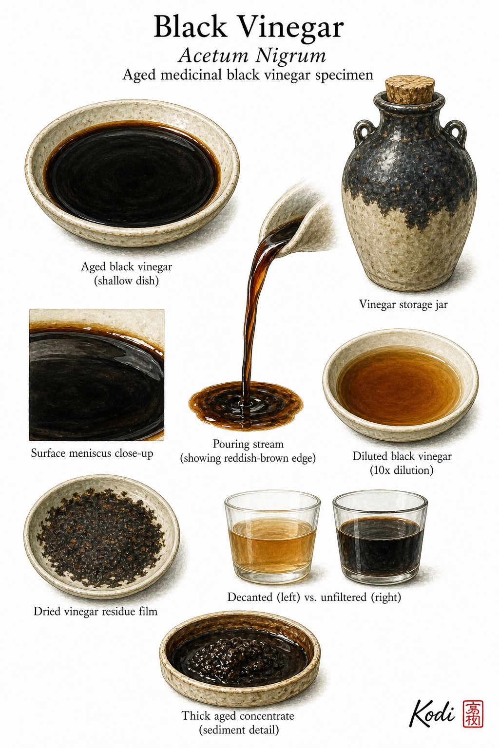 Scientific specimen plate of Black Vinegar, Acetum Nigrum, showing aged dark liquid, decanted variation, residue, and diagnostic preparation details.