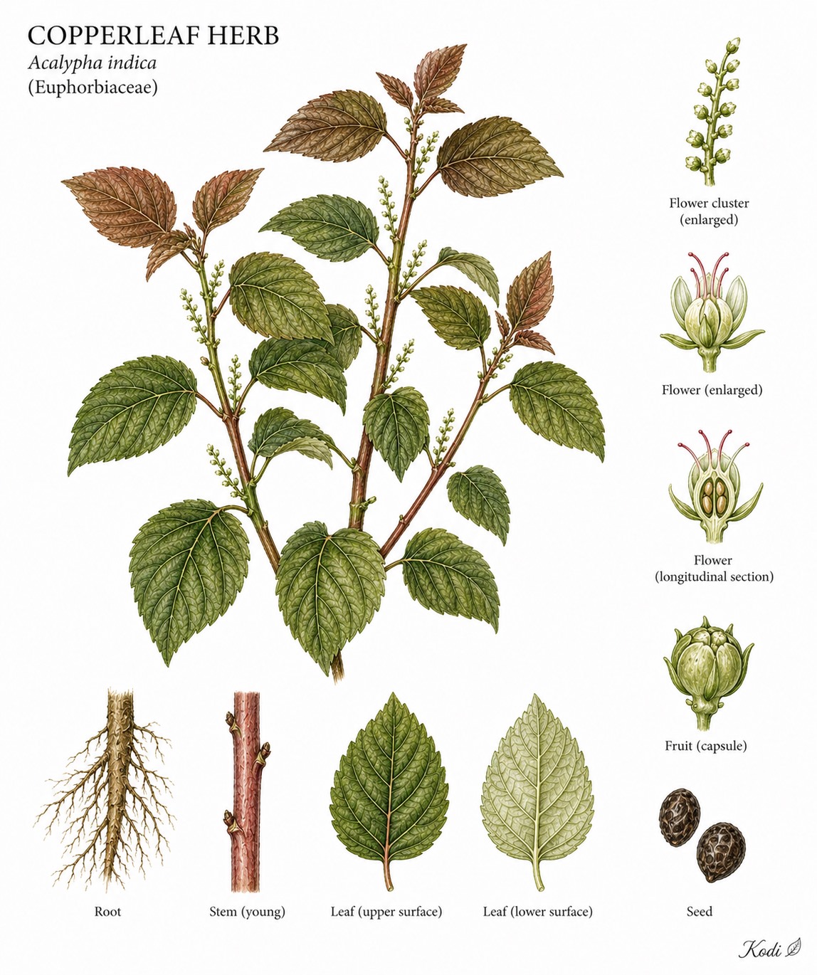 Botanical illustration of Acalypha Herb, Acalypha australis, showing habit, leaves, flowers, fruit, seed, root, and diagnostic plant details.