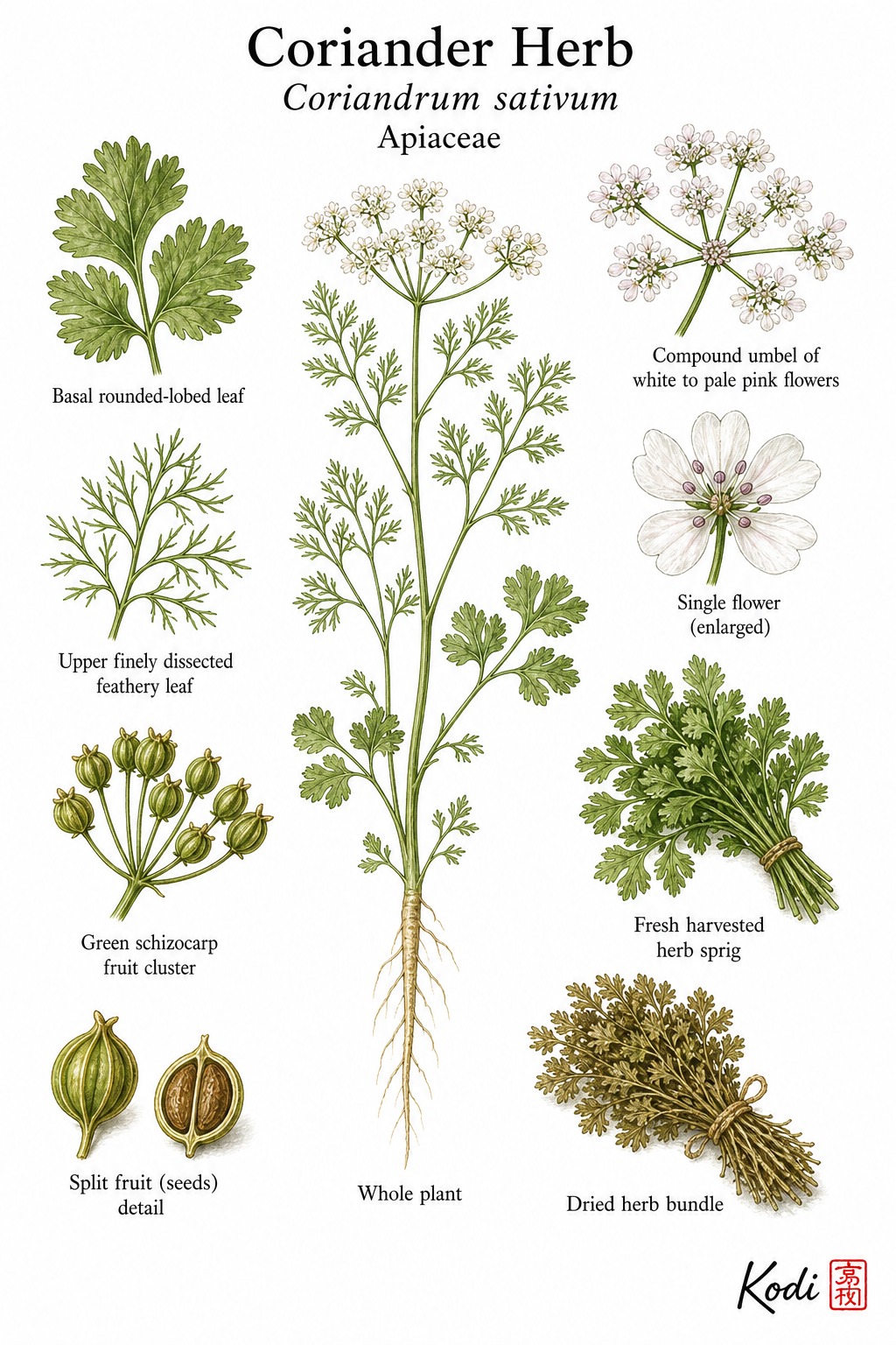 Botanical illustration of Coriander Herb, Coriandrum sativum, showing habit, leaves, umbels, fruit, root, and diagnostic plant details.