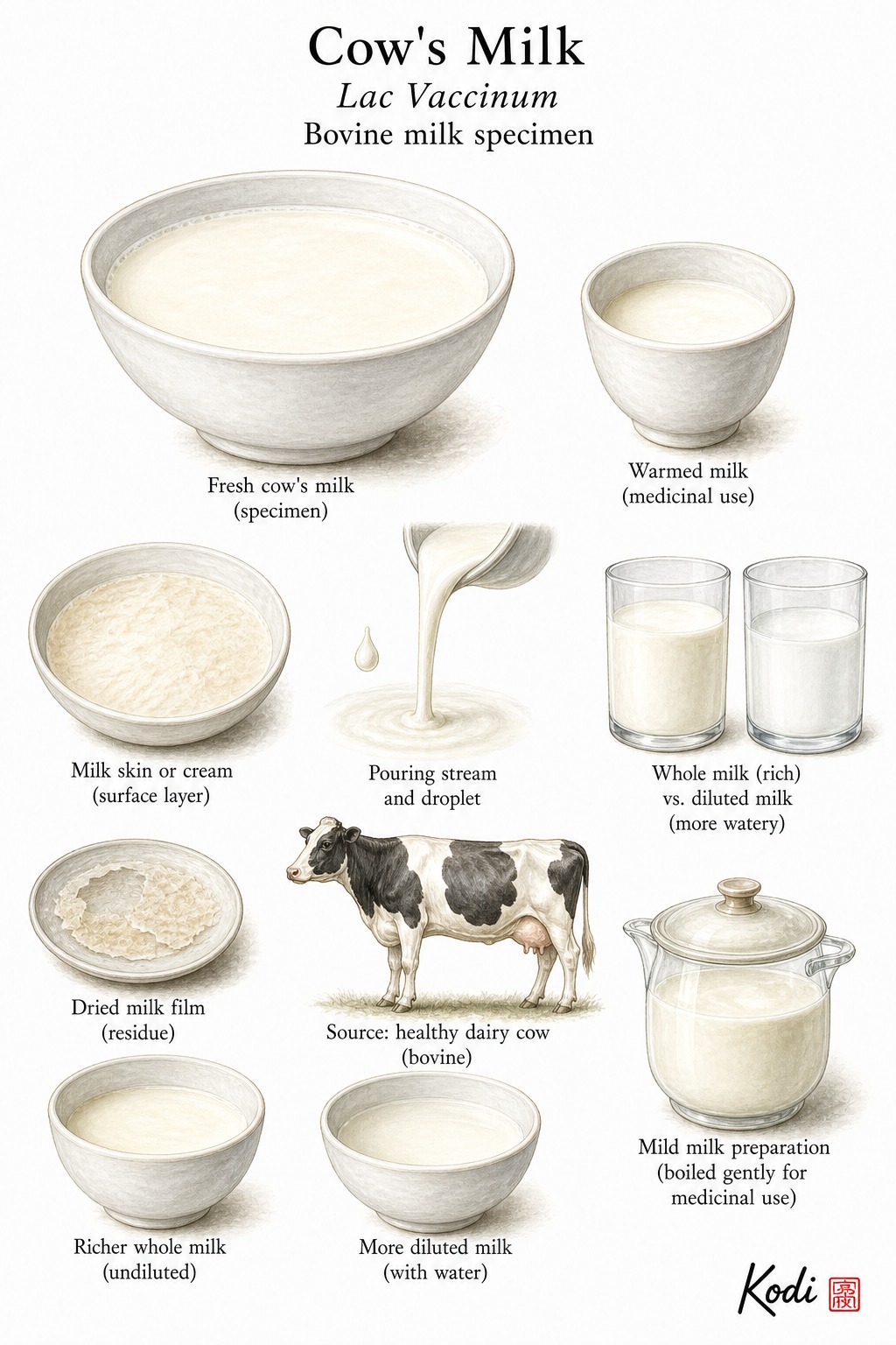 Scientific specimen plate of Cow's Milk, Lac Vaccinum, showing fresh milk, warmed preparation, cream layer, and diagnostic milk details.