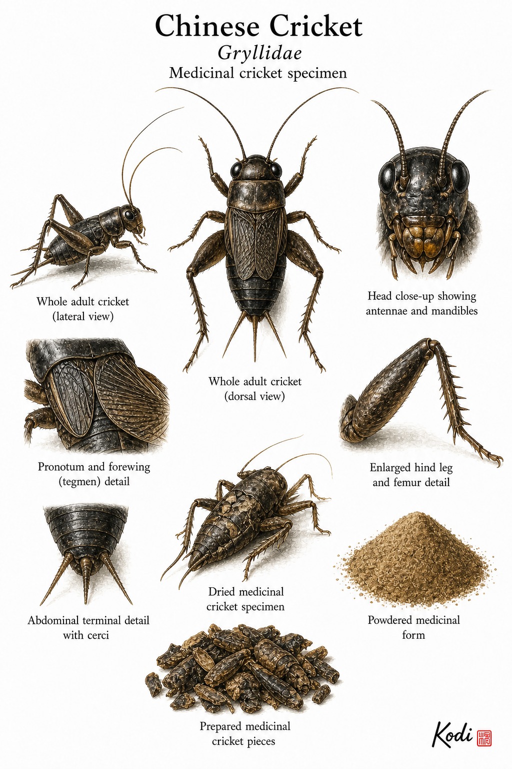 Scientific specimen plate of Chinese Cricket, Gryllidae, showing whole specimen form, head, antennae, legs, dried form, and diagnostic insect details.