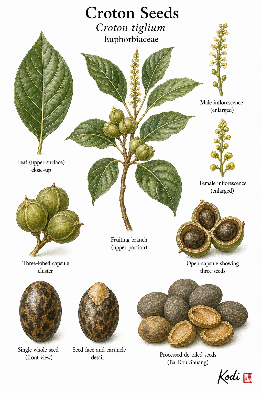 Botanical illustration of Croton Seeds, Croton tiglium, showing fruiting branch, leaves, capsules, seeds, processed material, and diagnostic plant details.