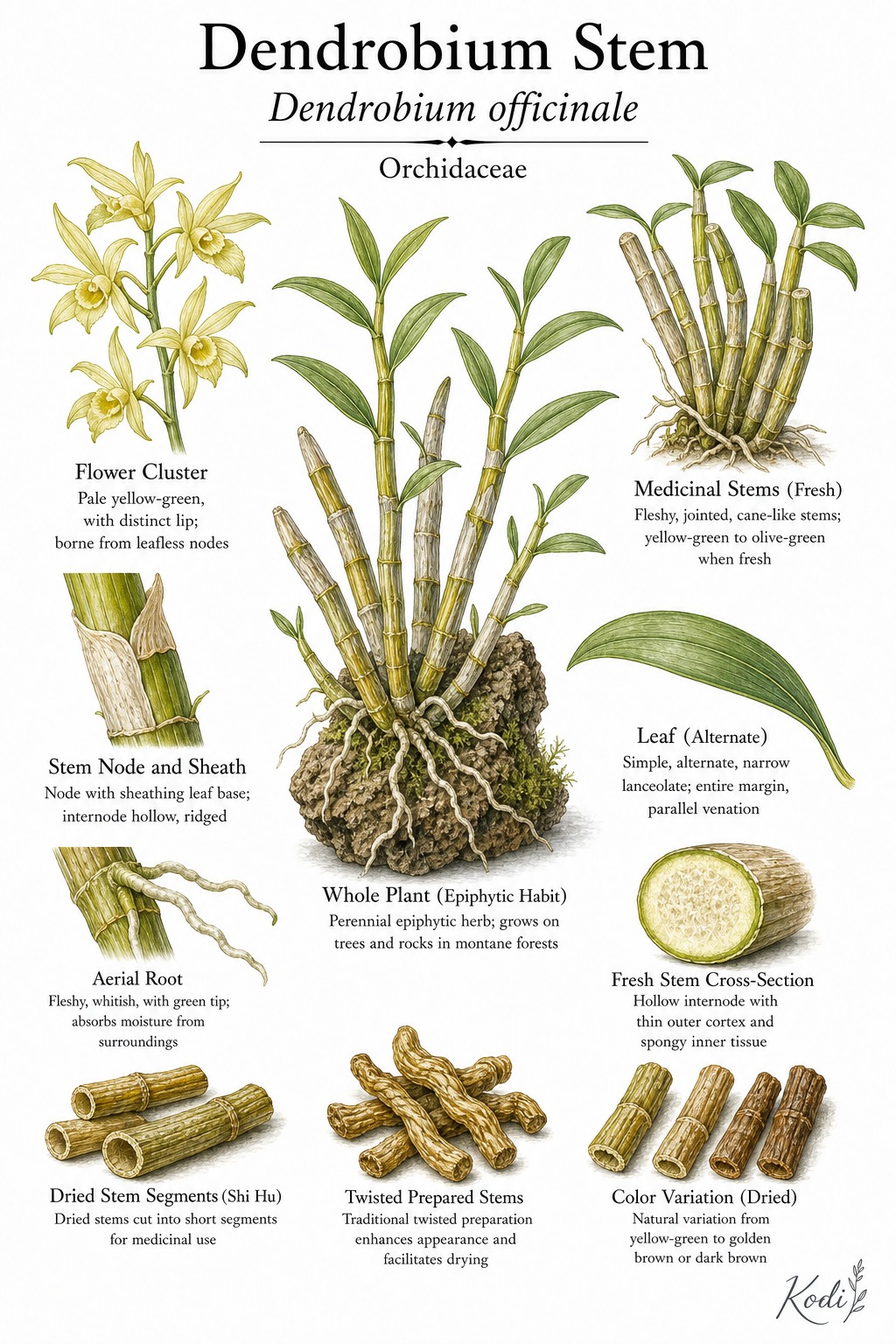 Botanical illustration of Dendrobium Stem, Dendrobium officinale, showing orchid habit, cane stems, leaves, roots, dried stem segments, and diagnostic plant details.