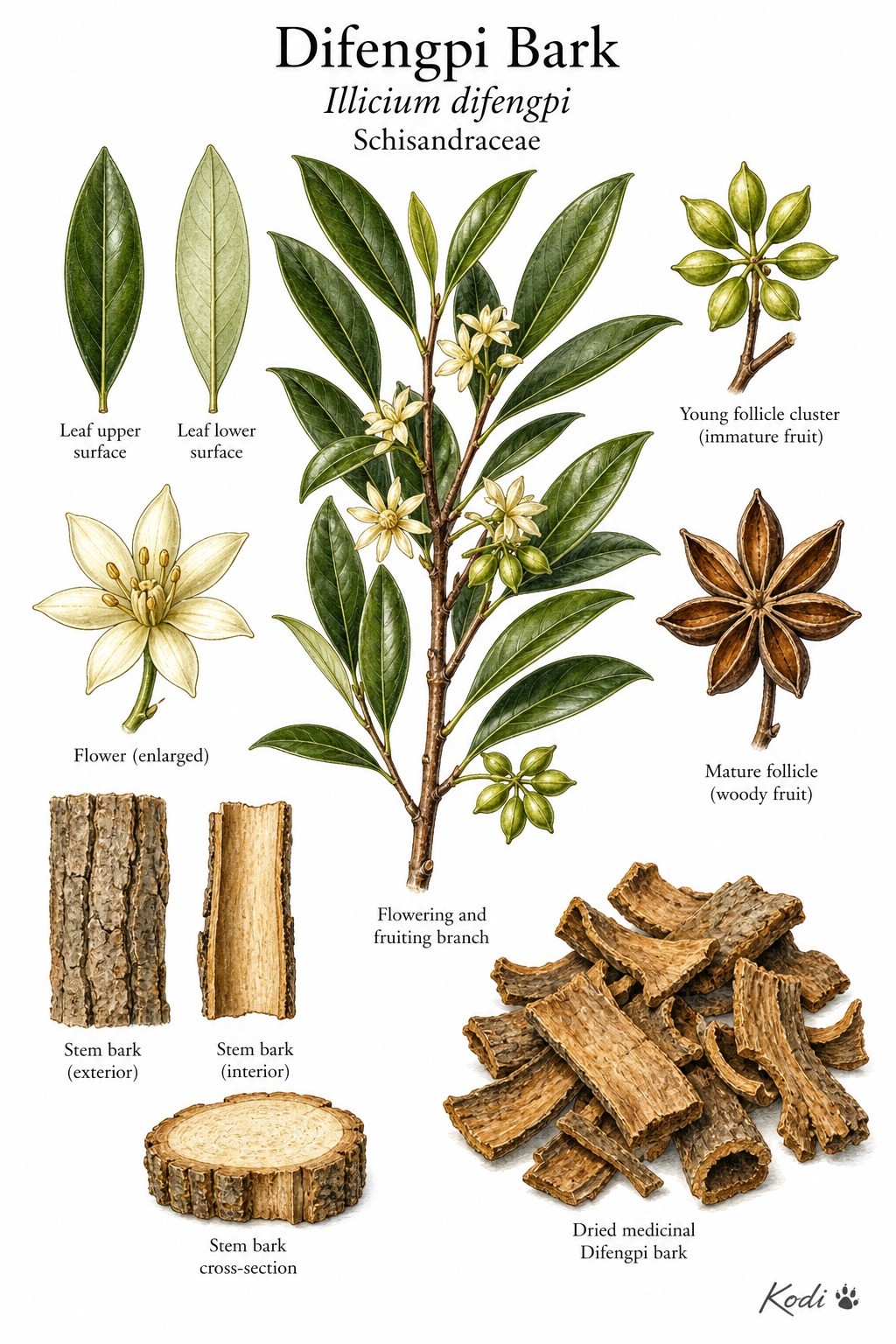 Botanical illustration of Difengpi Bark, Illicium difengpi, showing leafy branch, flower, follicle fruit, medicinal bark strips, and diagnostic plant details.