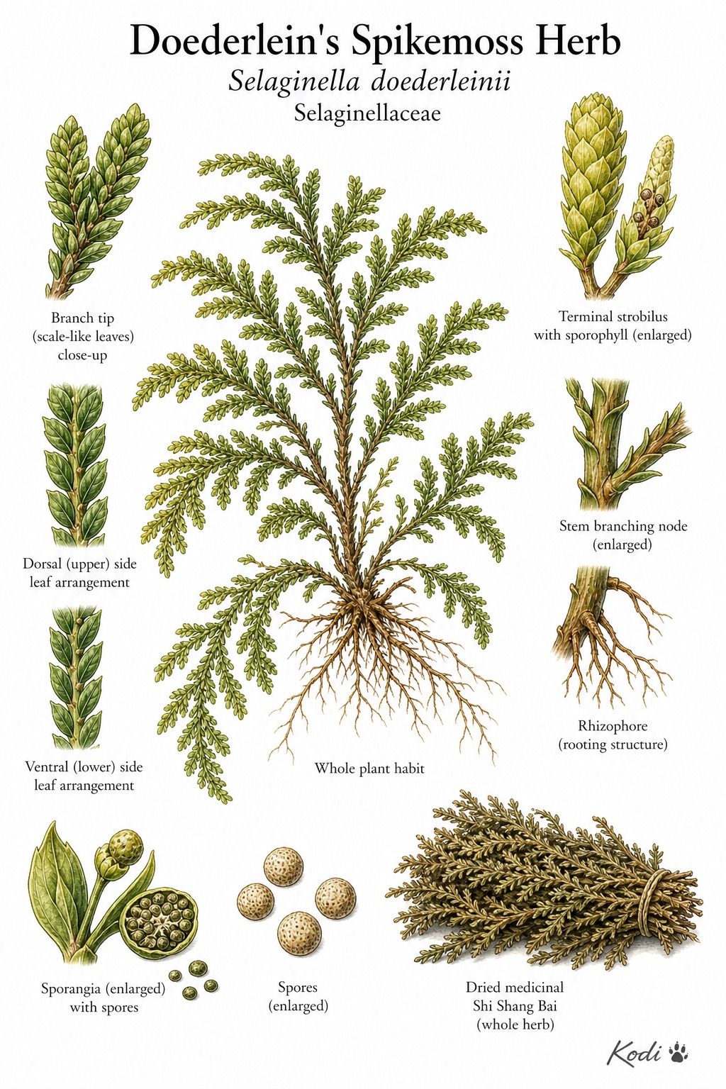 Botanical illustration of Doederlein's Spikemoss Herb, Selaginella doederleinii, showing habit, flattened fronds, strobili, rhizophores, dried herb, and diagnostic plant details.