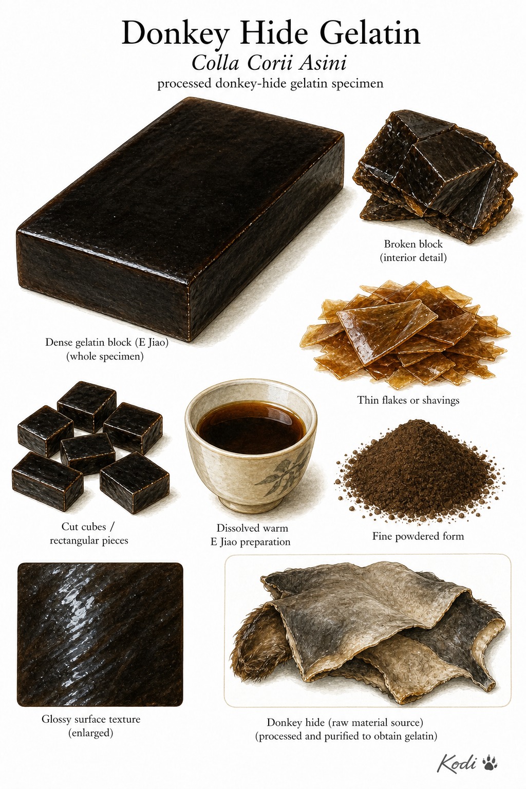 Scientific specimen plate of Donkey Hide Gelatin, Colla Corii Asini, showing gelatin blocks, flakes, dissolved preparation, and diagnostic processing details.