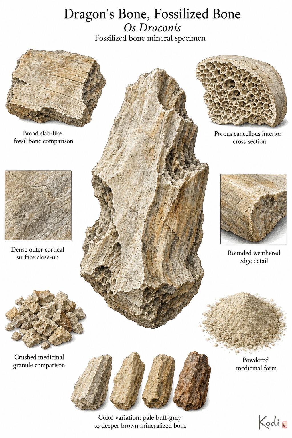 Scientific specimen plate of Dragon's Bone, Fossilized Bone, Os Draconis, showing irregular fossil bone fragments, porous broken sections, powder, and diagnostic mineralized bone details.