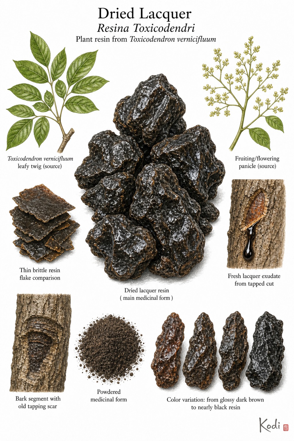 Scientific specimen plate of Dried Lacquer, Resina Toxicodendri, showing dark lacquer resin lumps, bark-tapping context, source leaves, powder, and diagnostic resin details.