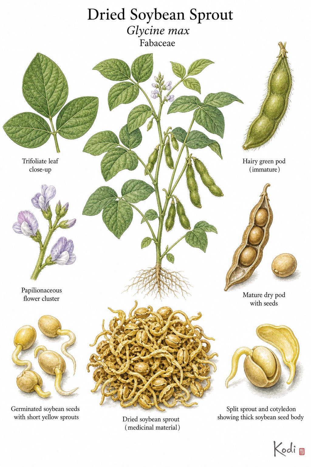 Botanical illustration of Dried Soybean Sprout, Glycine max, showing soybean habit, pods, germinated seeds, dried sprout material, and diagnostic plant details.