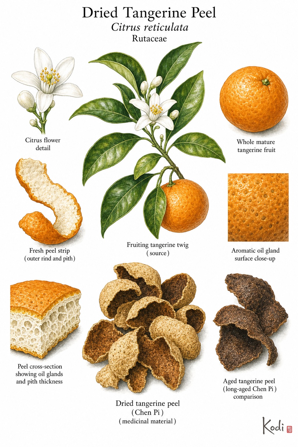 Botanical illustration of Dried Tangerine Peel, Citrus reticulata, showing fruiting twig, peel strips, aged dried peel, oil-gland detail, and diagnostic plant details.