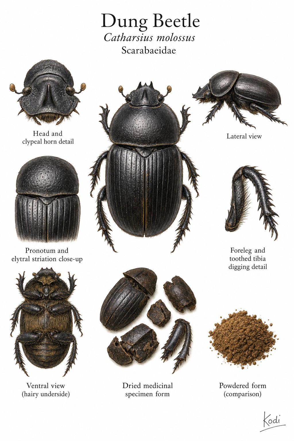 Scientific specimen plate of Dung Beetle, Catharsius molossus, showing whole beetle views, horn, legs, elytra, and diagnostic insect details.