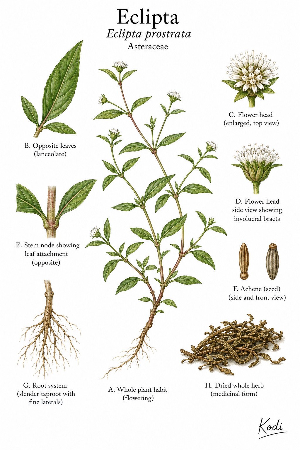 Botanical illustration of Eclipta, Eclipta prostrata, showing whole herb habit, leaves, flower heads, achenes, root, and diagnostic plant details.