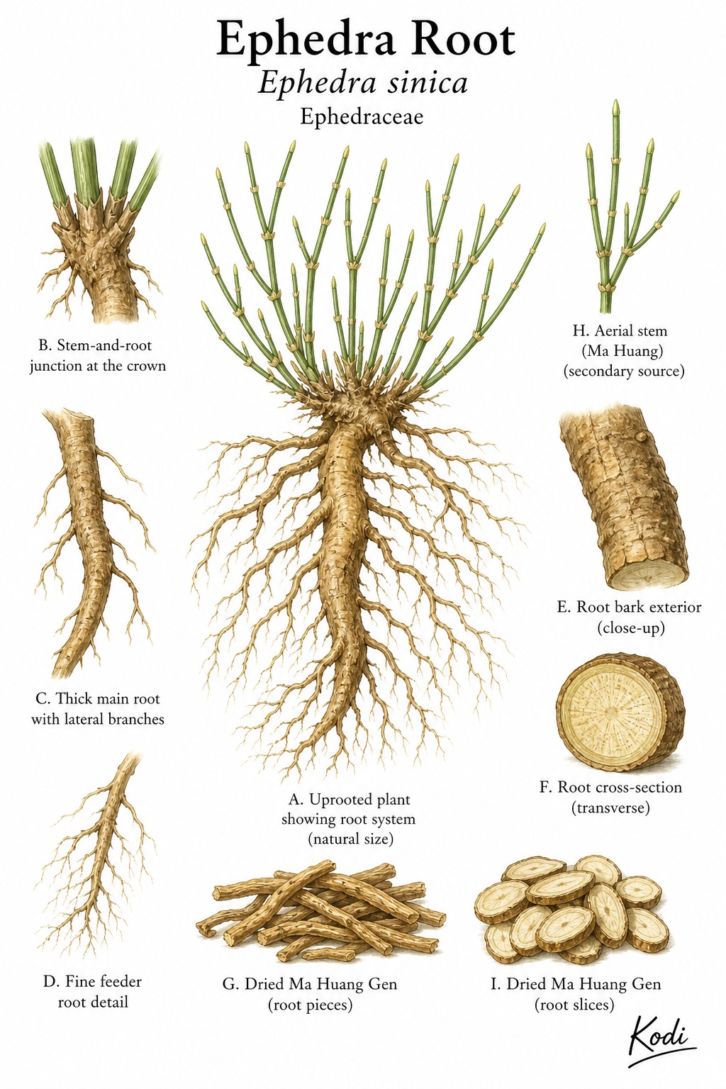 Botanical illustration of Ephedra Root, Ephedra sinica, showing uprooted habit, medicinal roots, crown, dried root pieces, and diagnostic plant details.