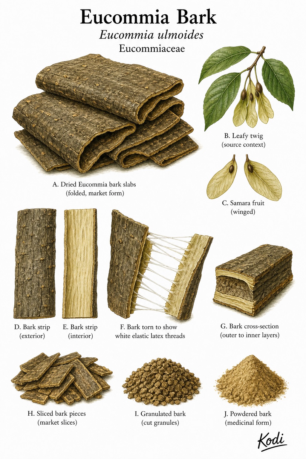 Botanical illustration of Eucommia Bark, Eucommia ulmoides, showing dried bark slabs, latex threads, bark cross-sections, and diagnostic bark details.