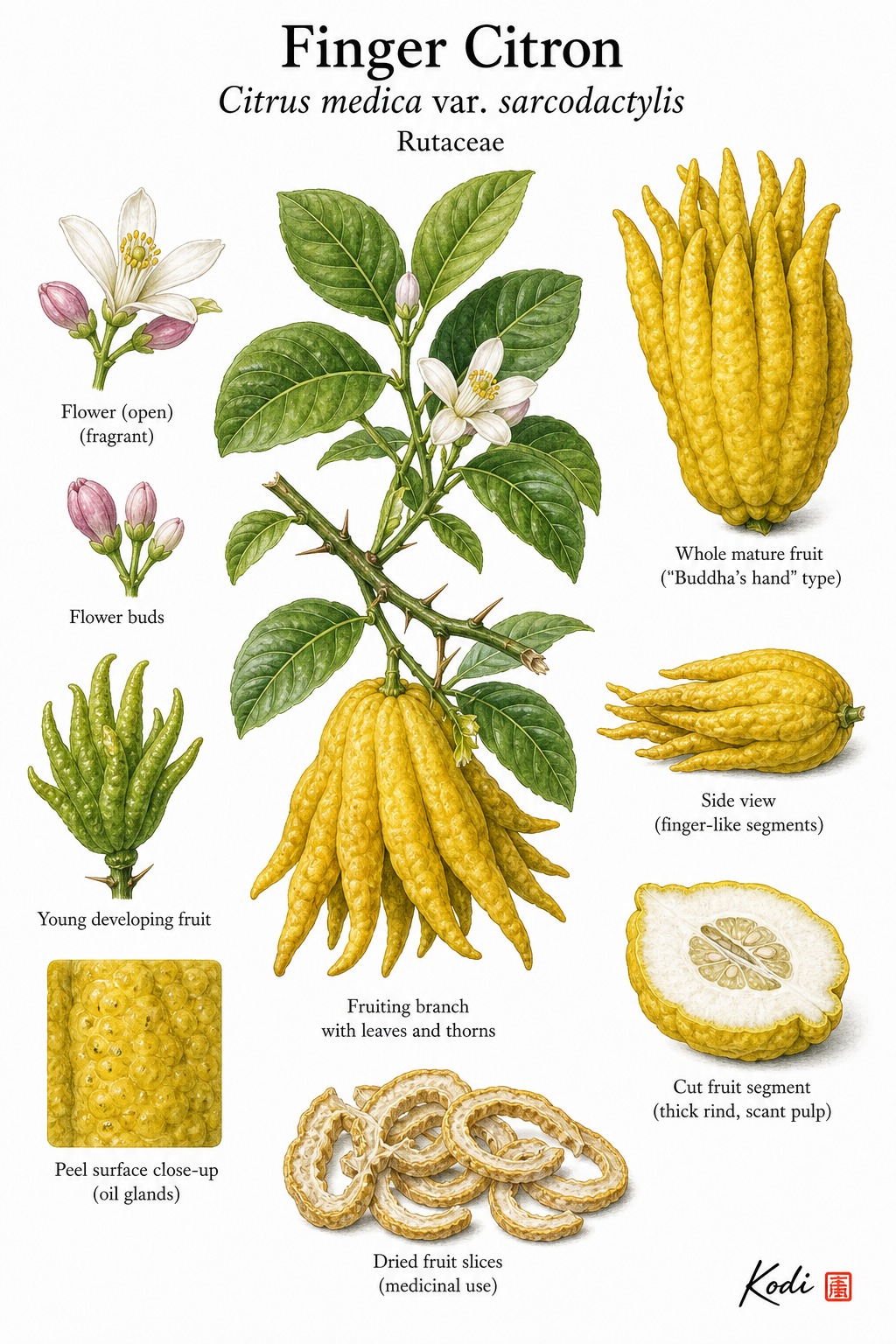 Botanical illustration of Finger Citron, Citrus medica var. sarcodactylis, showing hand-shaped fruit, branch, blossom, rind, and diagnostic citrus details.