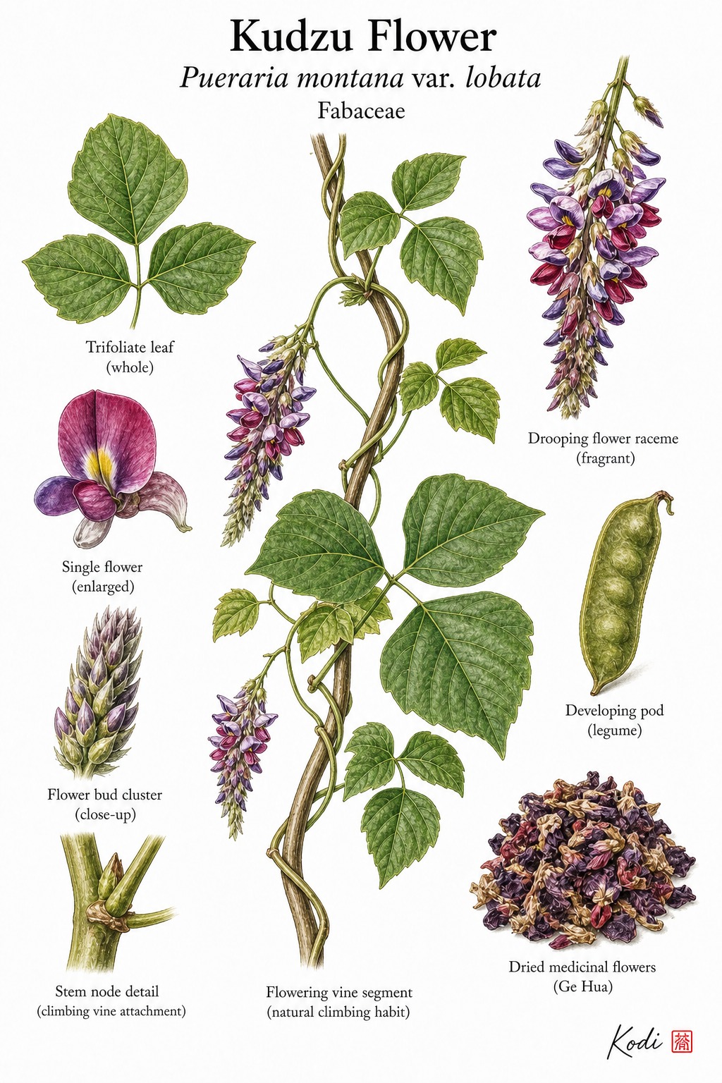 Botanical illustration of Kudzu Flower, Pueraria montana var. lobata, showing climbing vine, trifoliate leaves, flower racemes, buds, and diagnostic legume details.