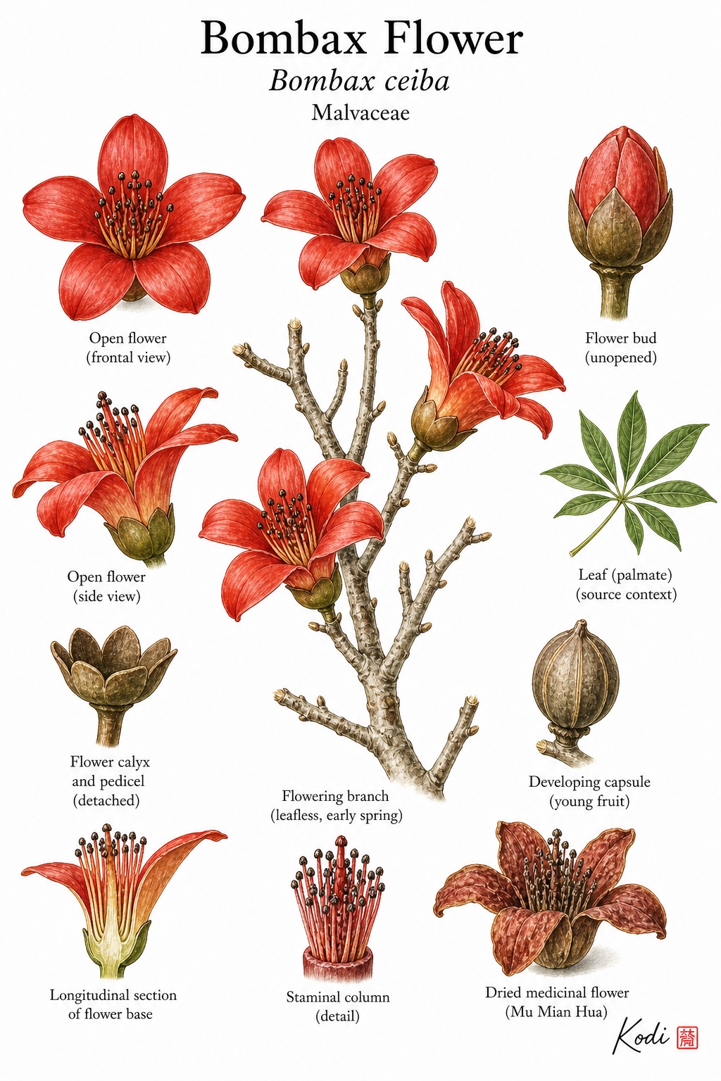 Botanical illustration of Bombax Flower, Bombax ceiba, showing leafless branch, large red flowers, buds, and diagnostic bombax details.