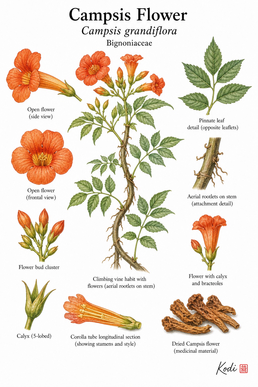 Botanical illustration of Campsis Flower, Campsis grandiflora, showing climbing vine, trumpet flowers, buds, and diagnostic floral details.