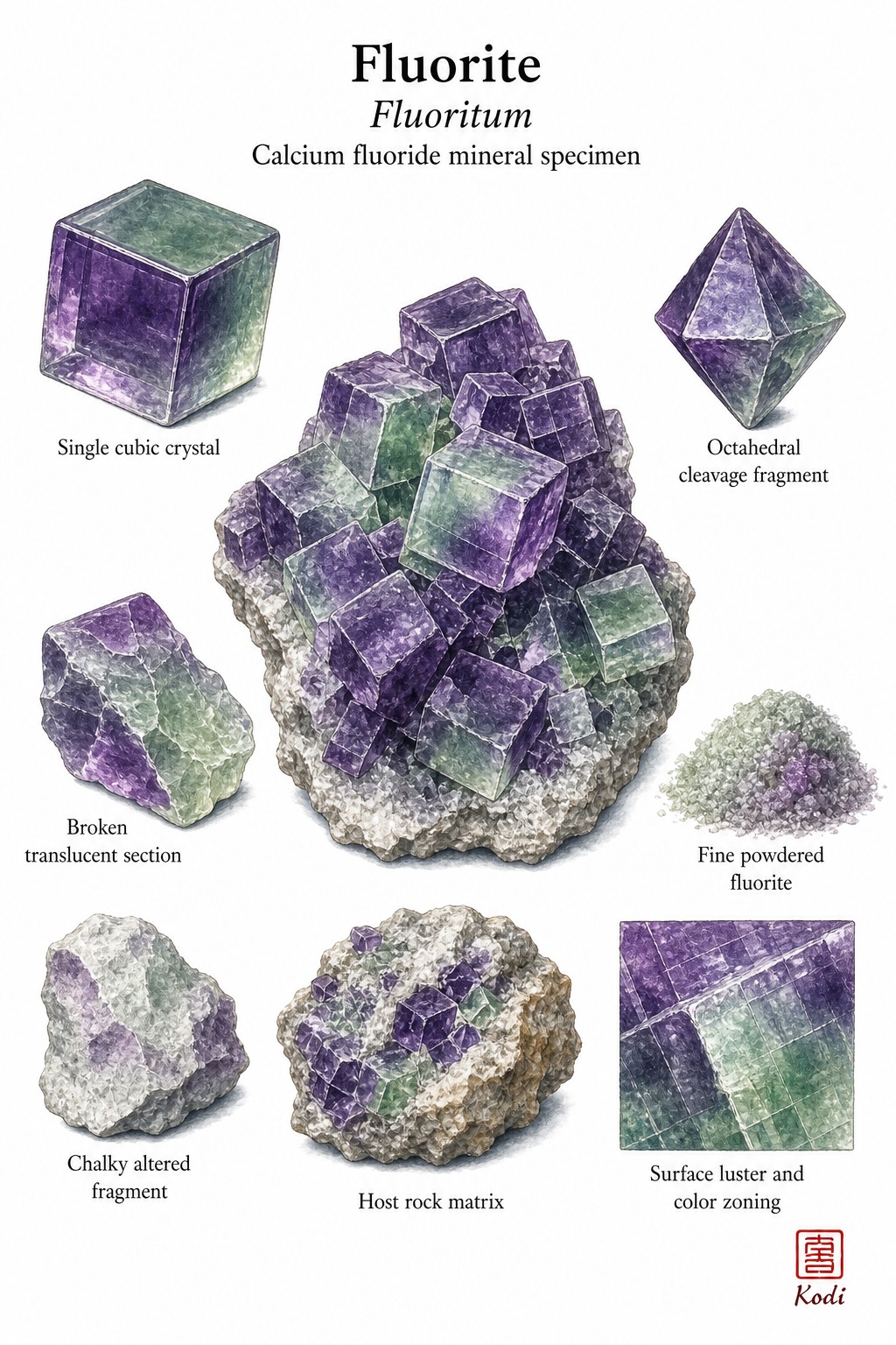 Scientific specimen plate of Fluorite, Fluoritum, showing crystal clusters, cleavage fragments, powder, and diagnostic mineral details.