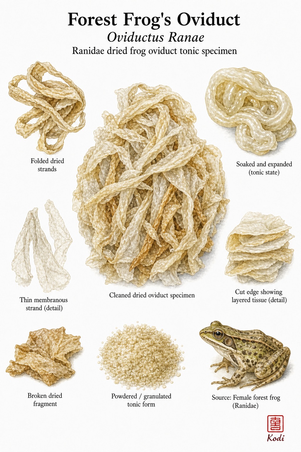 Scientific specimen plate of Forest Frog's Oviduct, Oviductus Ranae, showing dried oviduct material, soaked strands, and diagnostic tonic details.