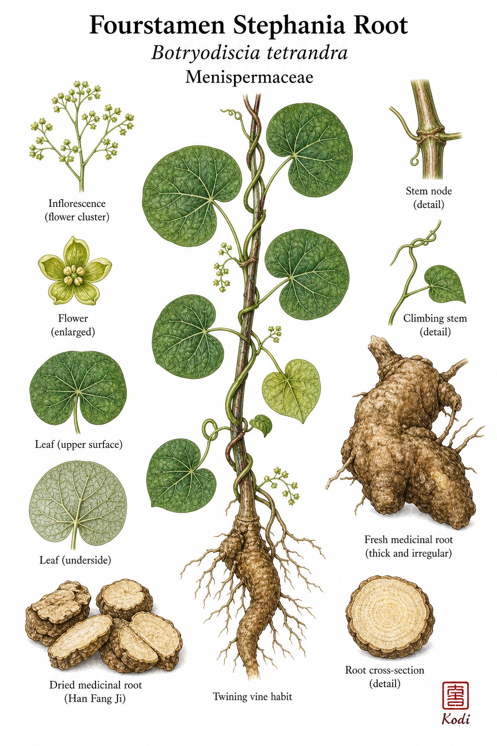 Botanical illustration of Fourstamen Stephania Root, Botryodiscia tetrandra, showing twining vine, peltate leaves, medicinal root, and diagnostic source details.