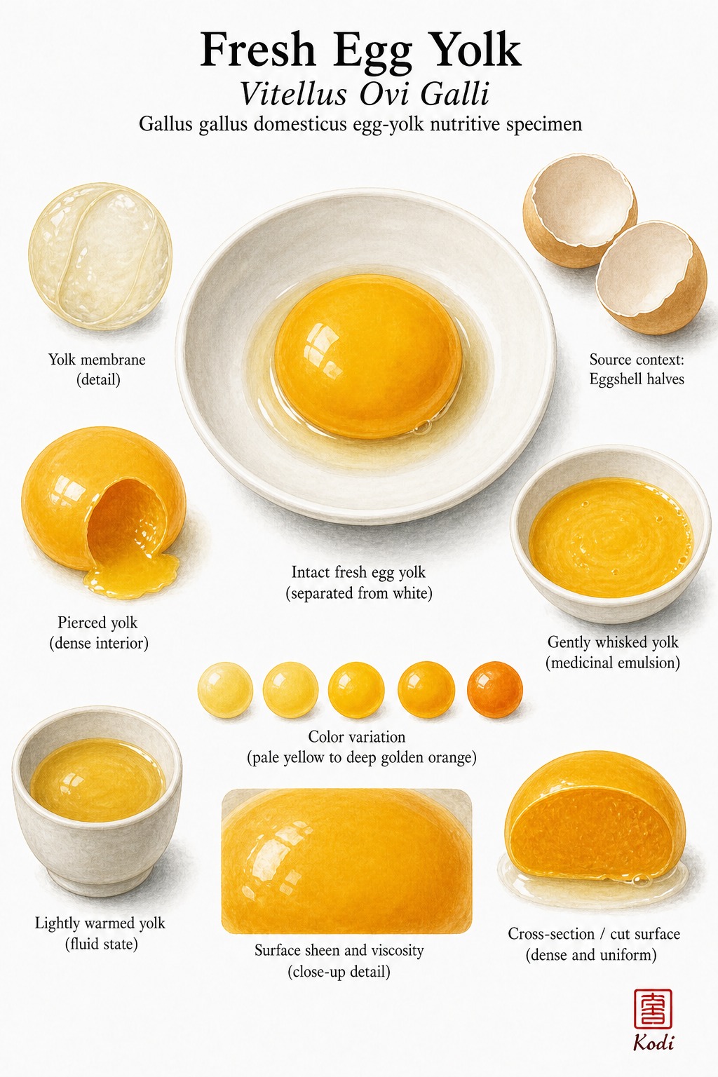 Scientific specimen plate of Fresh Egg Yolk, Vitellus Ovi Galli, showing intact yolk, emulsion, and diagnostic nourishment details.