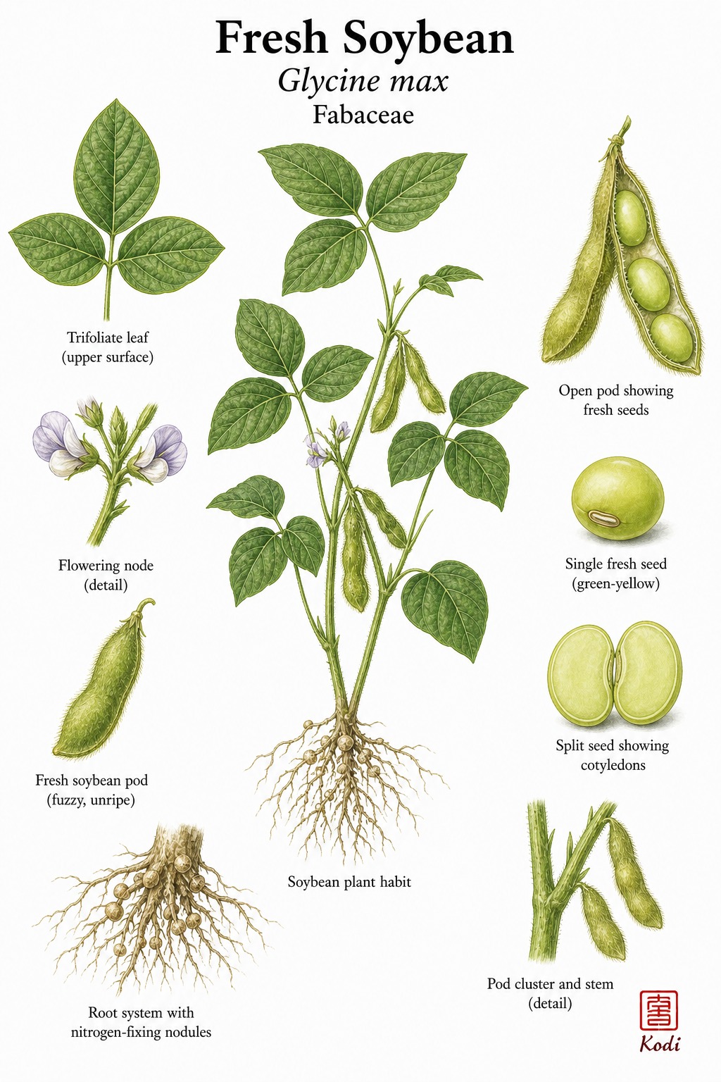 Botanical illustration of Fresh Soybean, Glycine max, showing whole plant habit, pods, fresh seeds, and diagnostic soybean details.