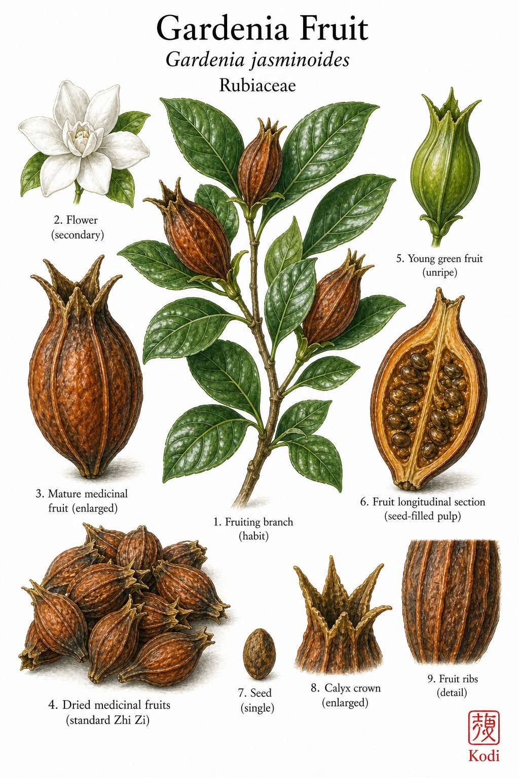 Botanical illustration of Gardenia Fruit, Gardenia jasminoides, showing glossy leaves, mature fruit, dried medicinal fruits, seed section, and diagnostic plant details.