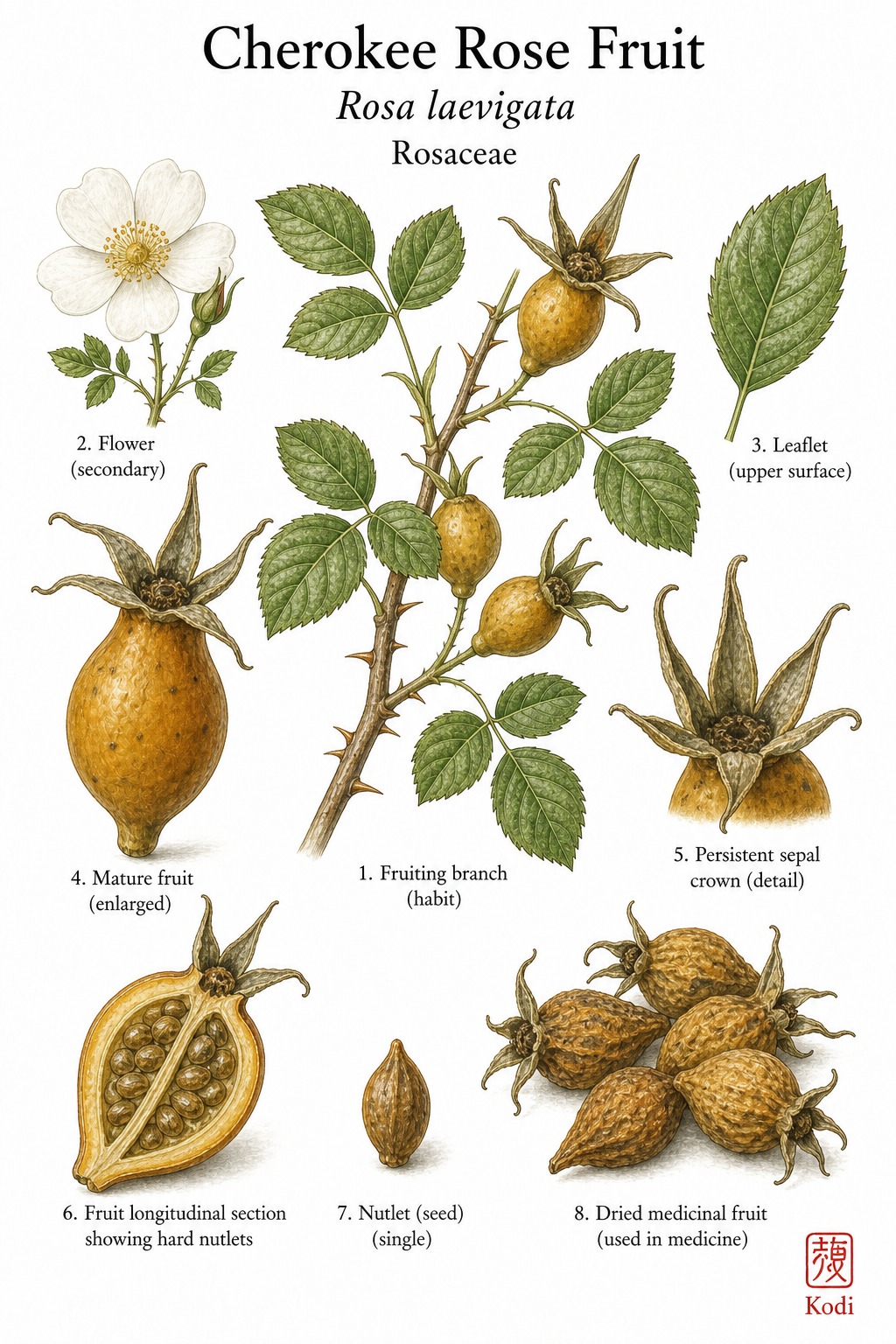 Botanical illustration of Cherokee Rose Fruit, Rosa laevigata, showing thorny branch, white flower inset, large rose hip, seed section, and diagnostic plant details.
