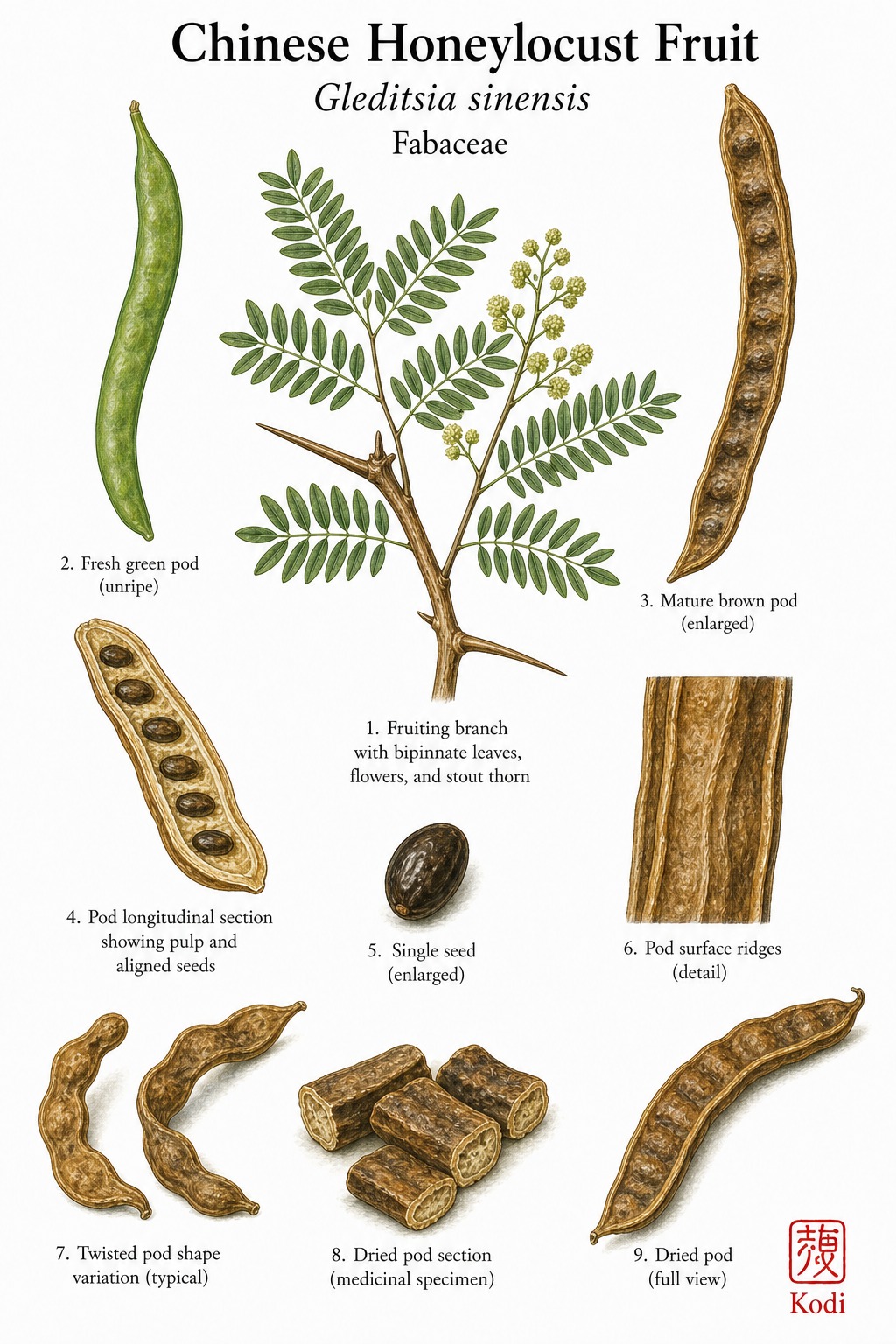 Botanical illustration of Chinese Honeylocust Fruit, Gleditsia sinensis, showing thorny fruiting branch, long seeded pod, pod section, seeds, and diagnostic plant details.
