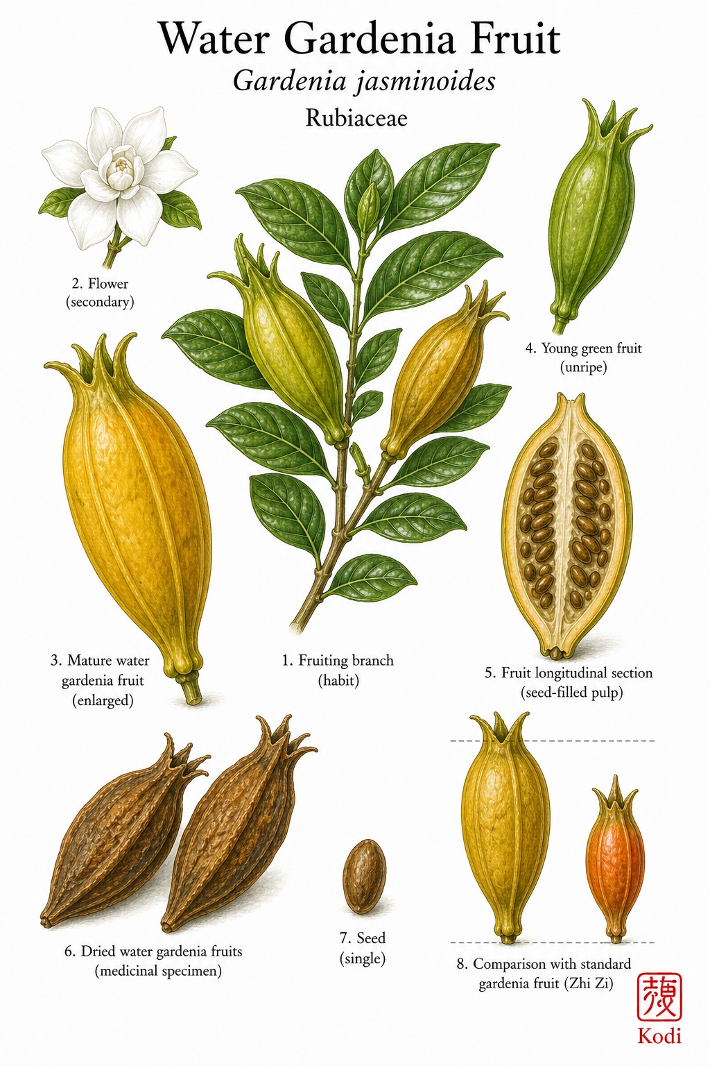 Botanical illustration of Water Gardenia Fruit, Gardenia jasminoides, showing elongated fruit, glossy leaves, seed section, dried fruit, and diagnostic plant details.