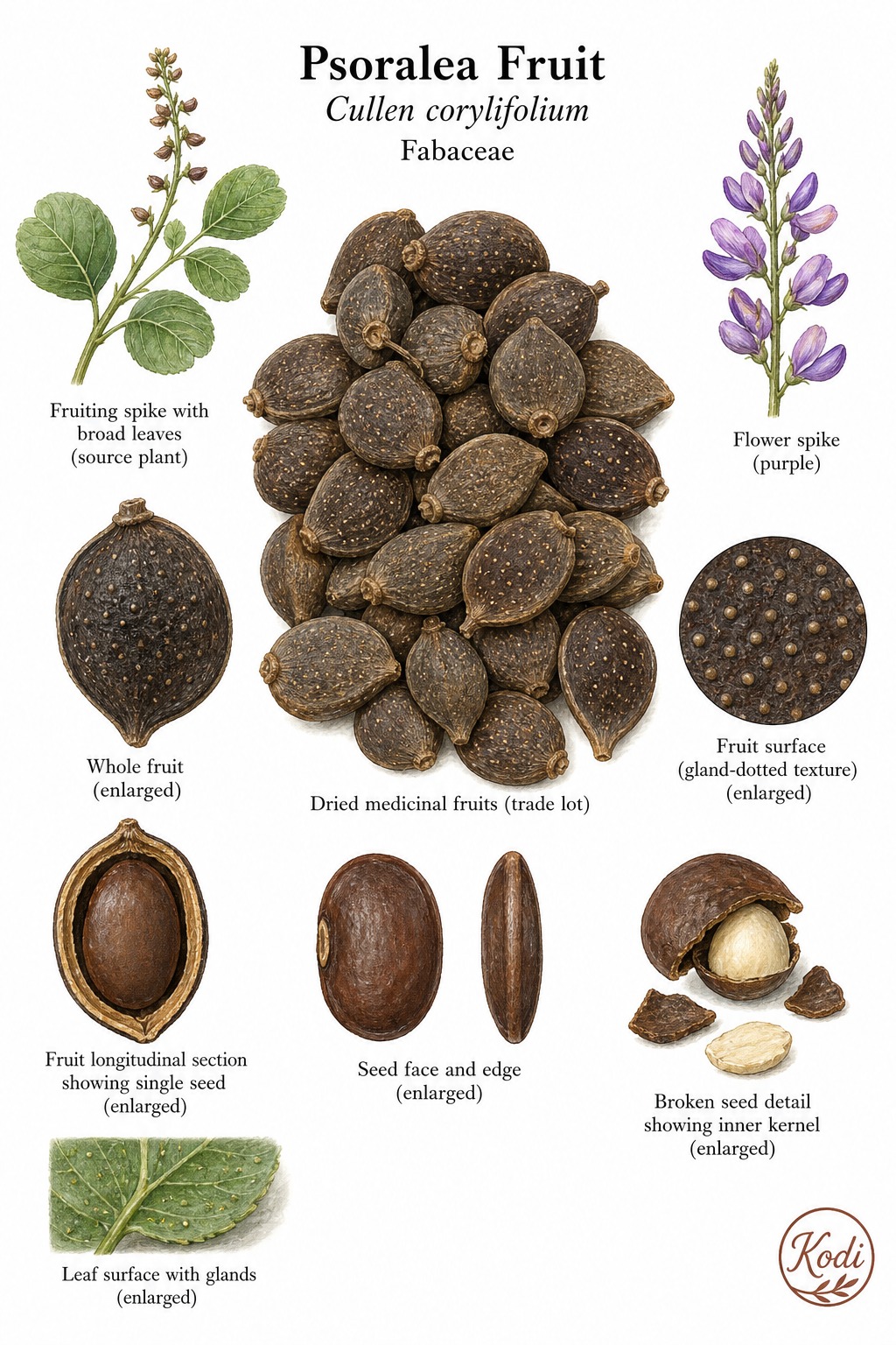 Botanical illustration of Psoralea Fruit, Cullen corylifolium, showing dried medicinal fruits, seed section, small fruiting spike context, and diagnostic plant details.