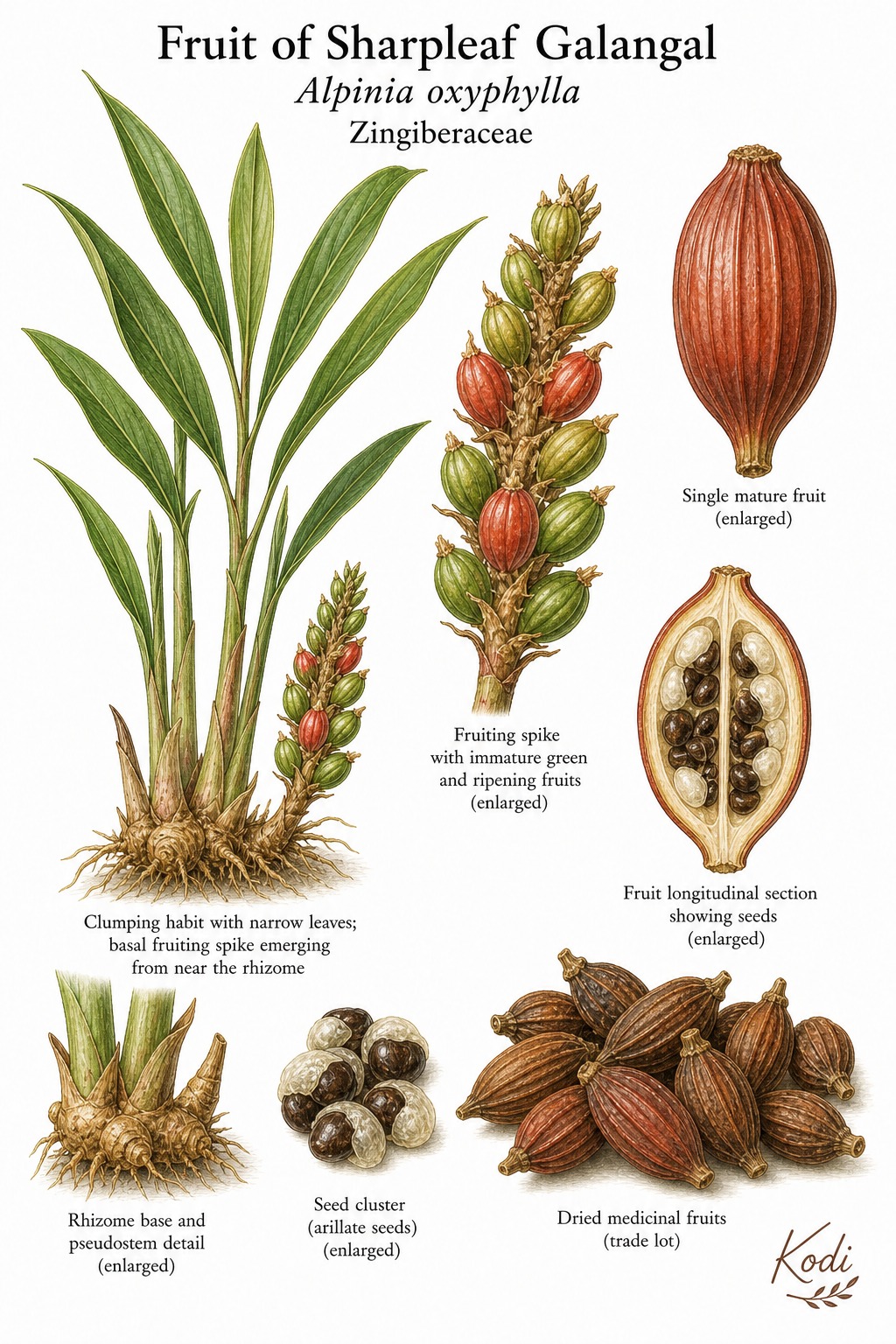 Botanical illustration of Fruit of Sharpleaf Galangal, Alpinia oxyphylla, showing basal fruiting spikes, ridged fruits, seed section, and diagnostic plant details.