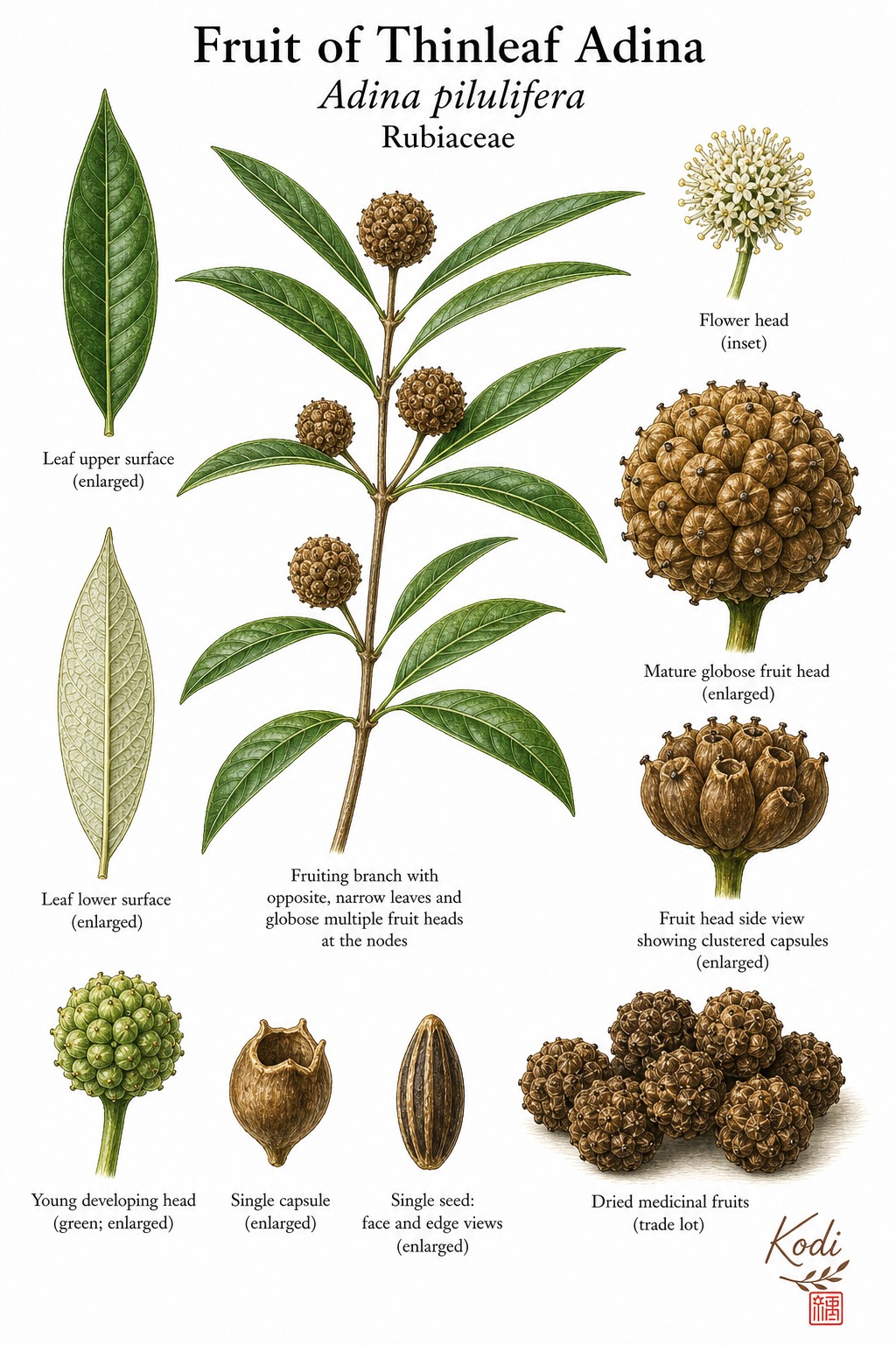 Botanical illustration of Fruit of Thinleaf Adina, Adina pilulifera, showing opposite leaves, globose fruit heads, capsule details, and diagnostic plant details.