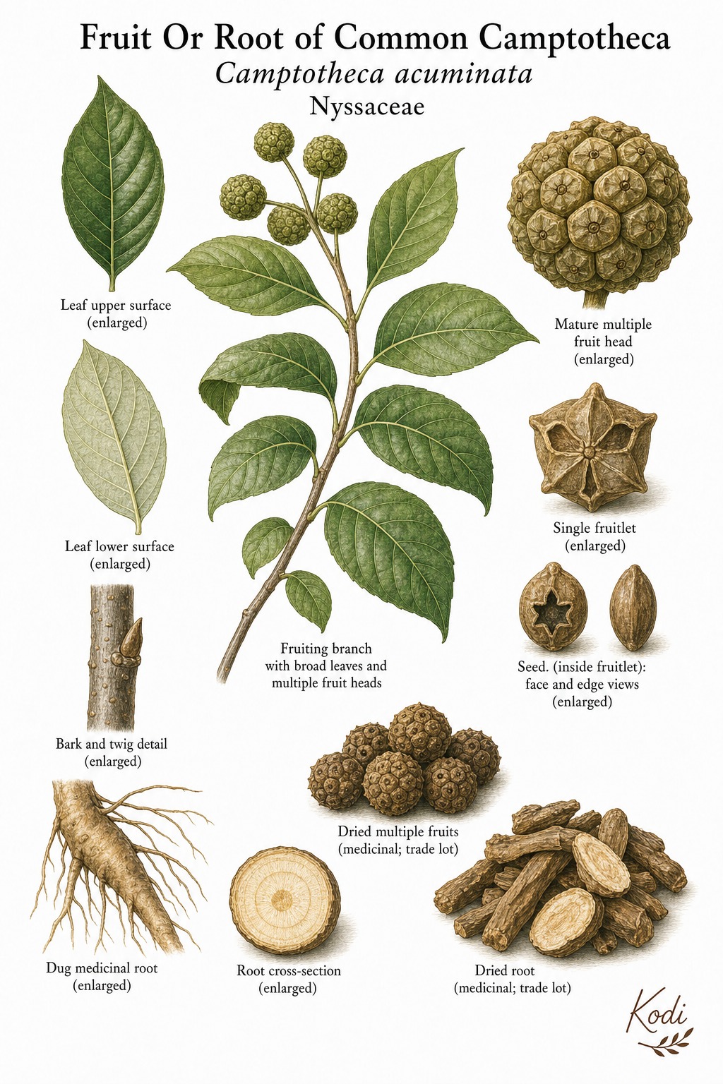 Botanical illustration of Fruit Or Root of Common Camptotheca, Camptotheca acuminata, showing fruiting branch, clustered fruits, medicinal root detail, and diagnostic plant details.