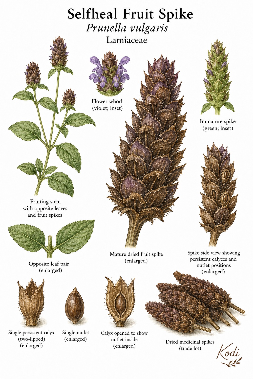 Botanical illustration of Selfheal Fruit Spike, Prunella vulgaris, showing opposite leaves, violet flower inset, dried fruiting spikes, and diagnostic plant details.