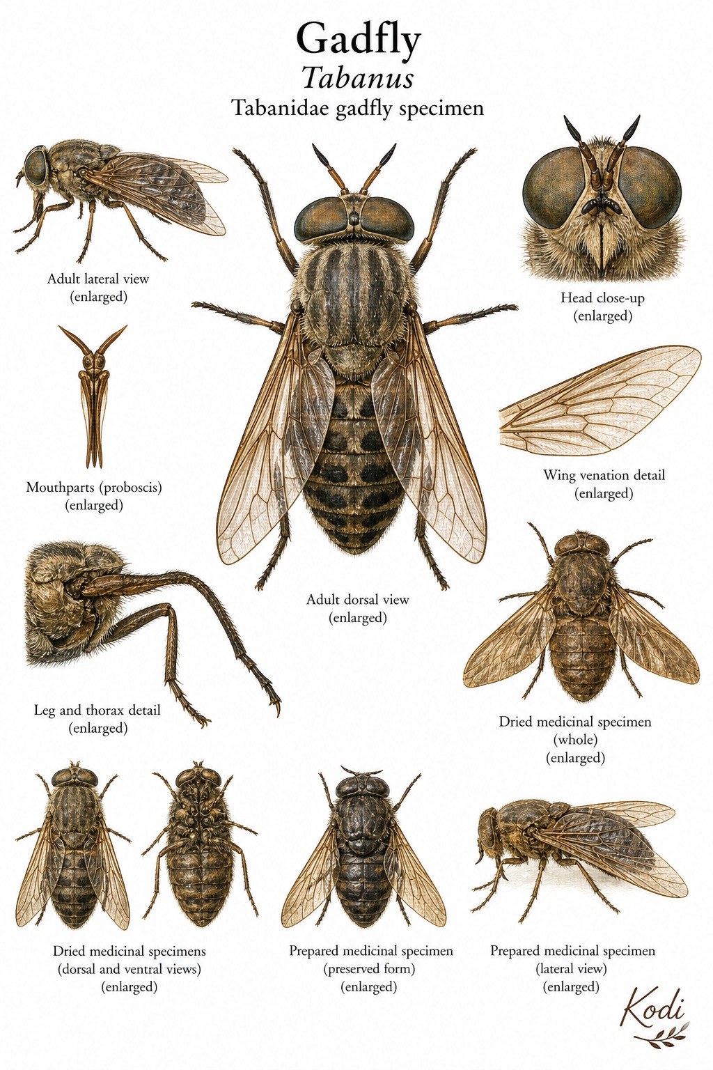 Scientific specimen plate of Gadfly, Tabanus, showing whole fly form, head, wing venation, dried specimen, and diagnostic material details.