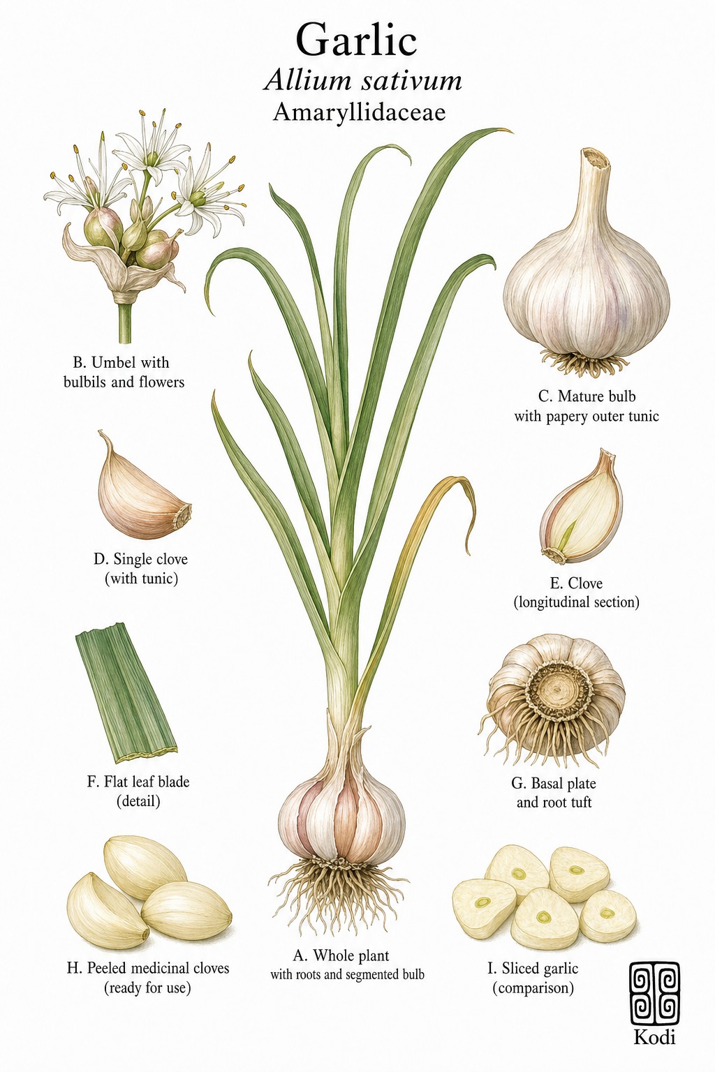 Botanical illustration of Garlic, Allium sativum, showing whole plant habit, segmented bulb, clove section, umbel, and diagnostic plant details.