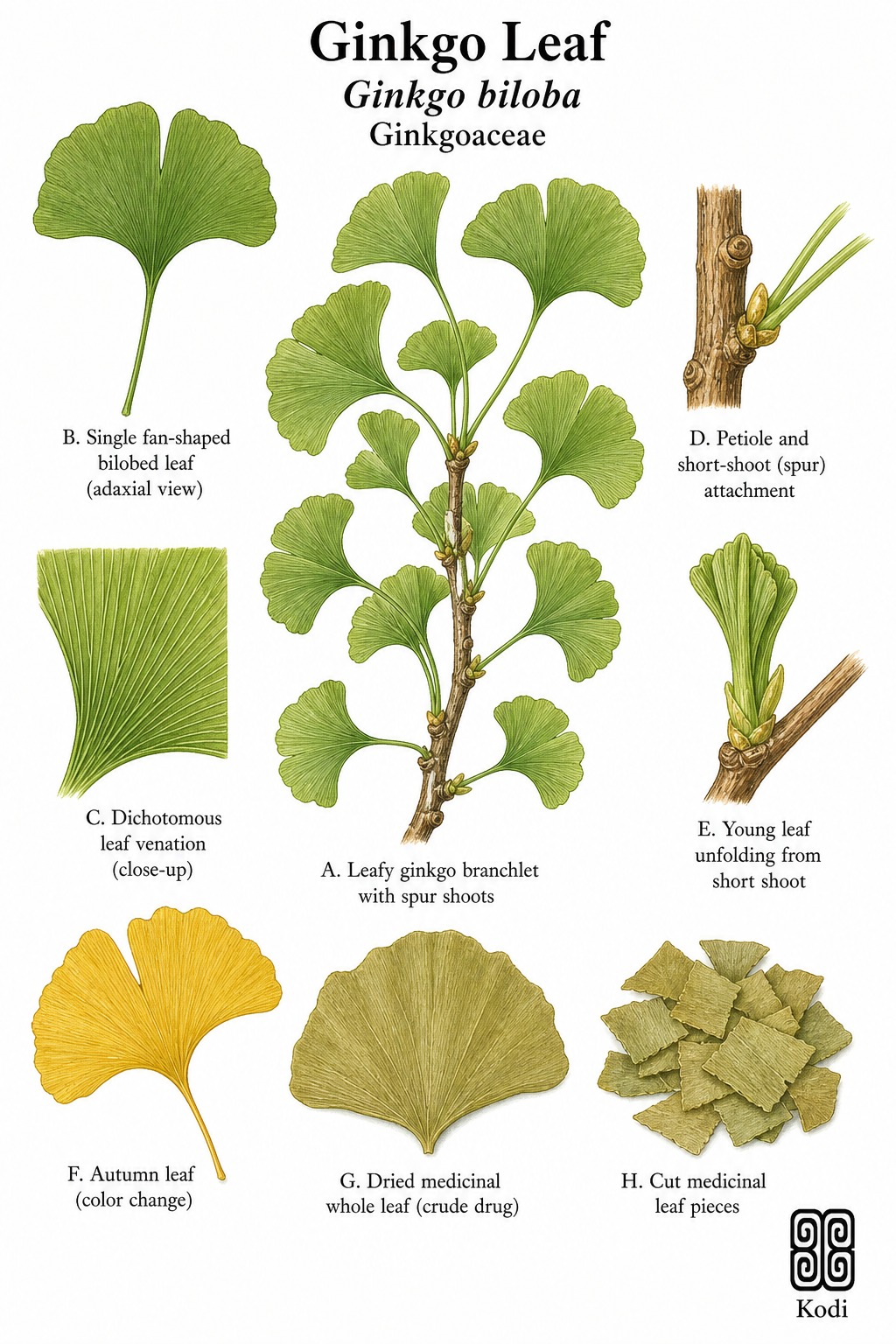 Botanical illustration of Ginkgo Leaf, Ginkgo biloba, showing fan-shaped leaves, dichotomous venation, spur shoots, and diagnostic plant details.