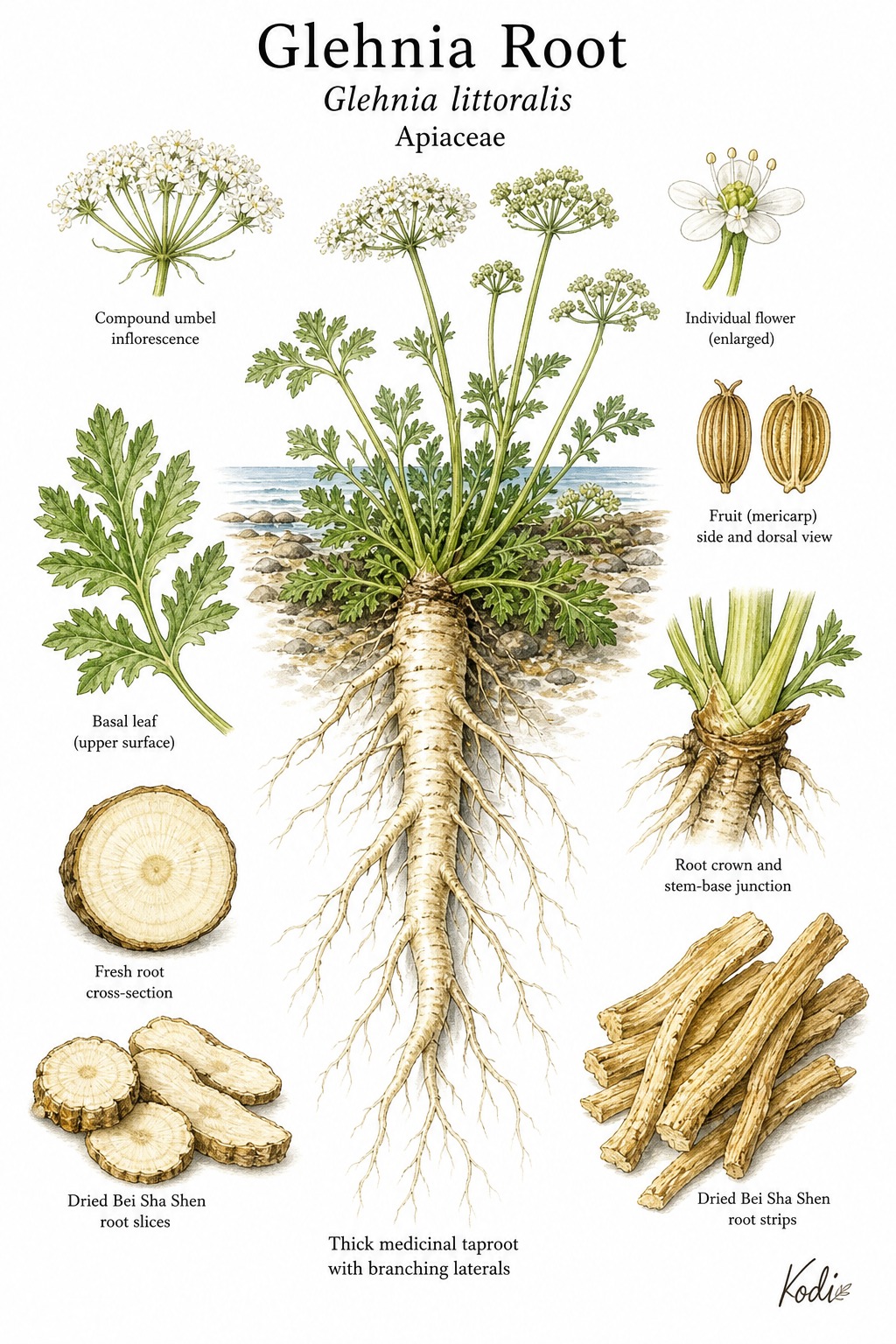 Botanical illustration of Glehnia Root, Glehnia littoralis, showing seaside habit, medicinal root, umbel details, and diagnostic plant details.