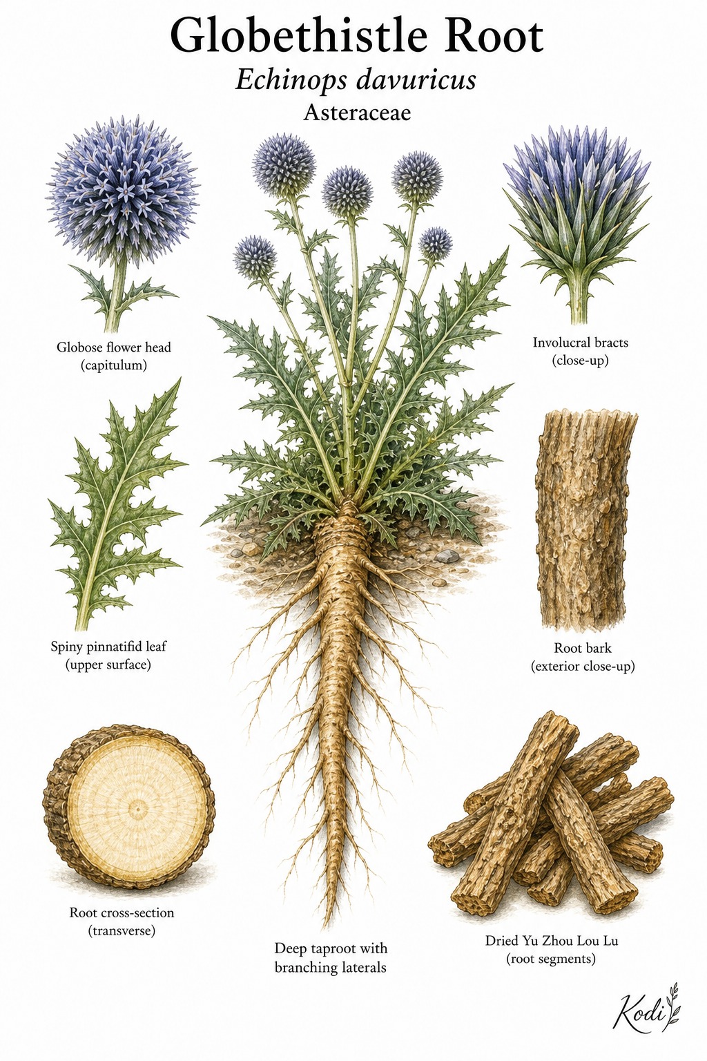 Botanical illustration of Globethistle Root, Echinops davuricus, showing spiny leaves, globose flower heads, medicinal root, and diagnostic plant details.