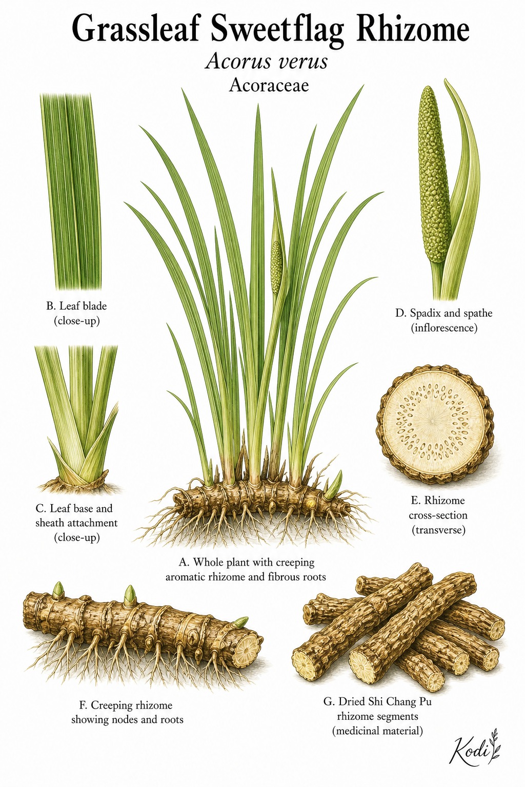 Botanical illustration of Grassleaf Sweetflag Rhizome, Acorus verus, showing narrow leaves, aromatic rhizome, dried medicinal pieces, and diagnostic plant details.